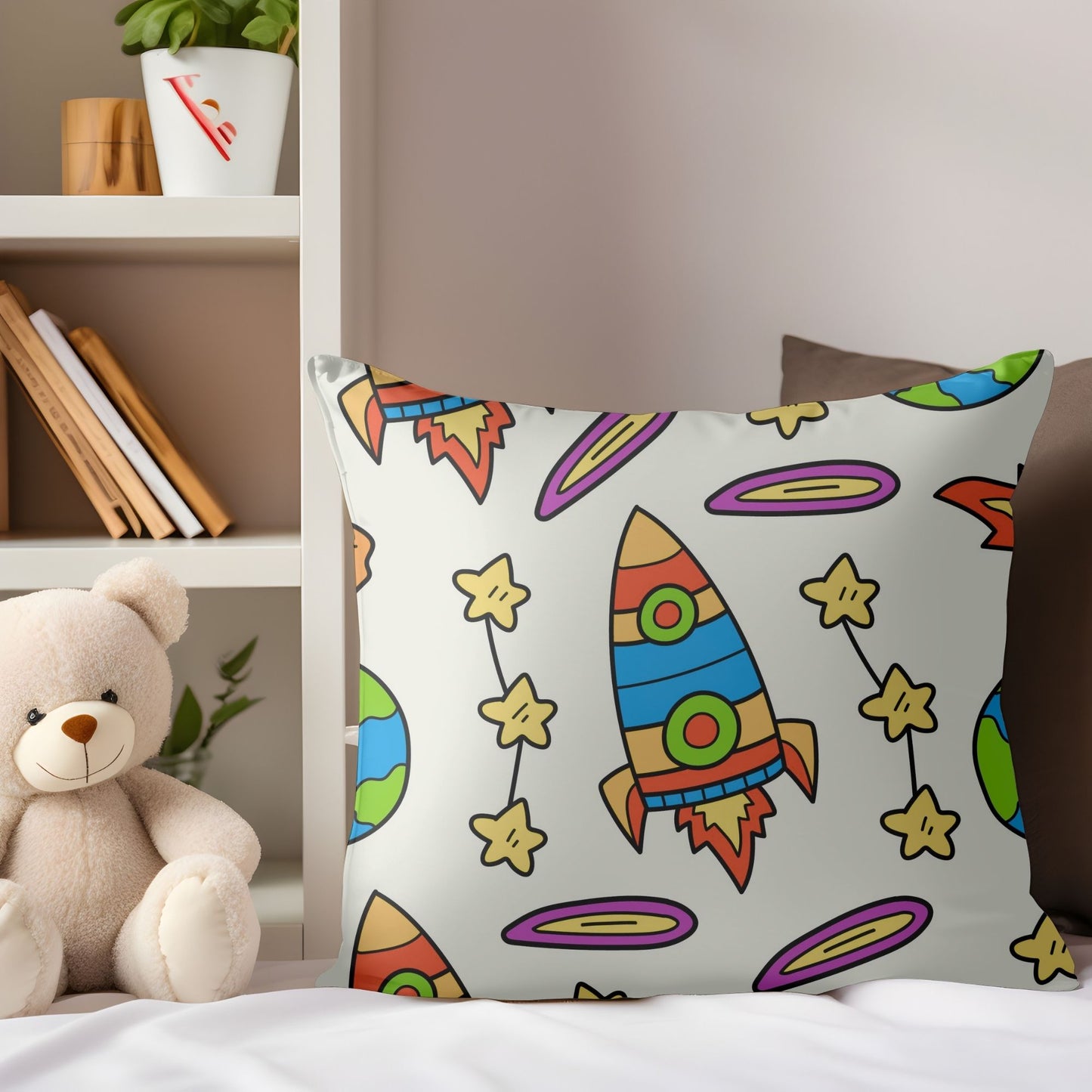 Soft and cozy rocket ship pillow for children's bedrooms.