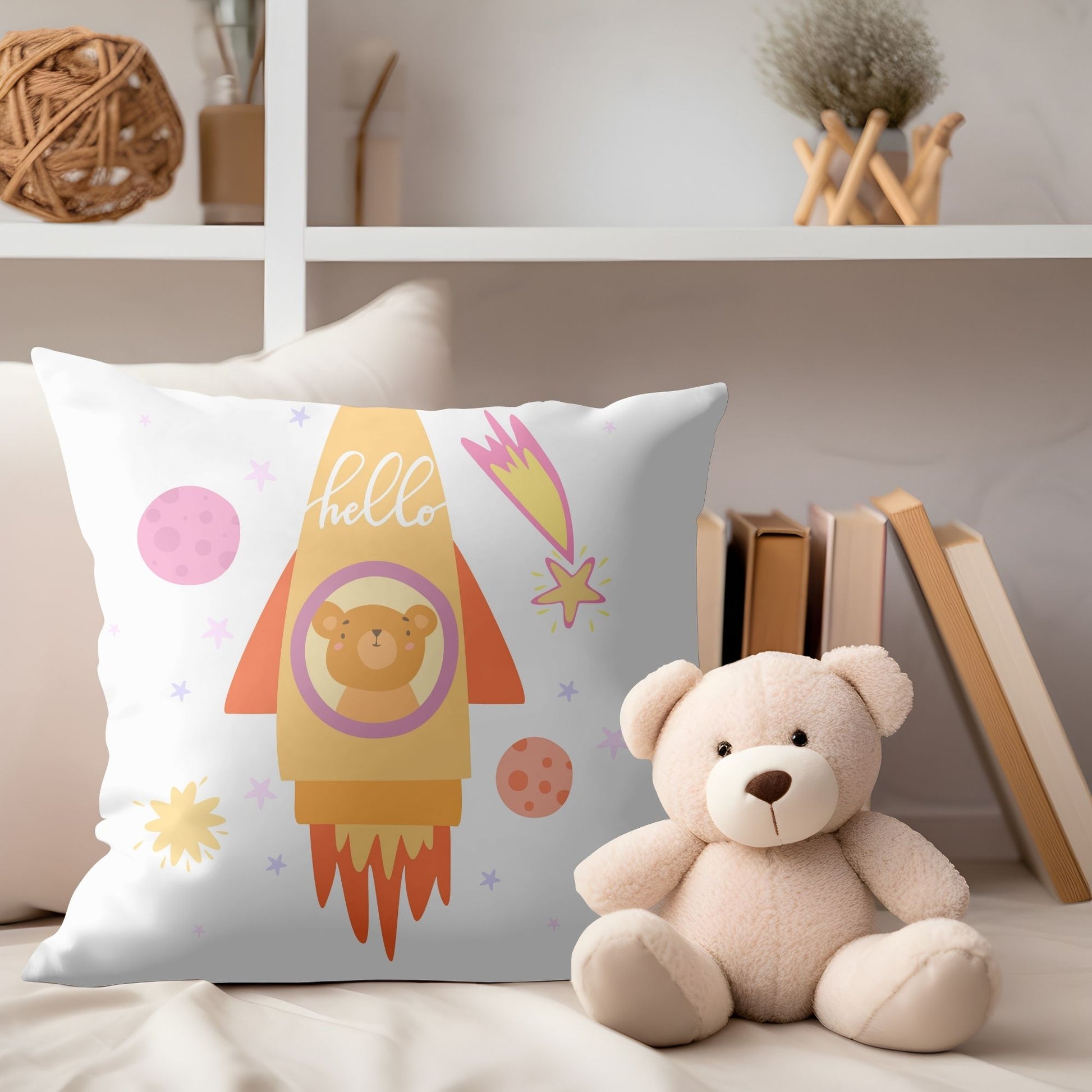 Soft and cuddly bear-themed rocket baby pillow for nursery comfort.