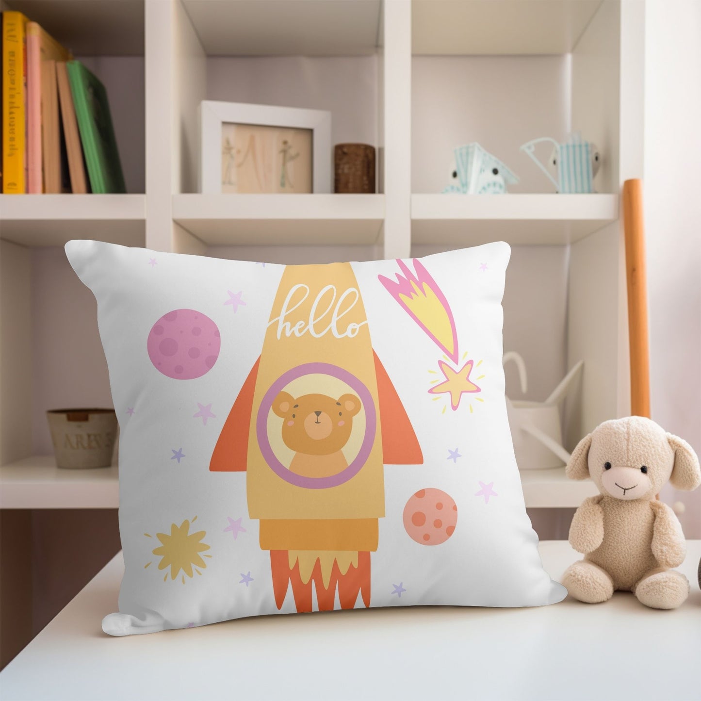 Charming baby pillow with a bear exploring space in a rocket design.