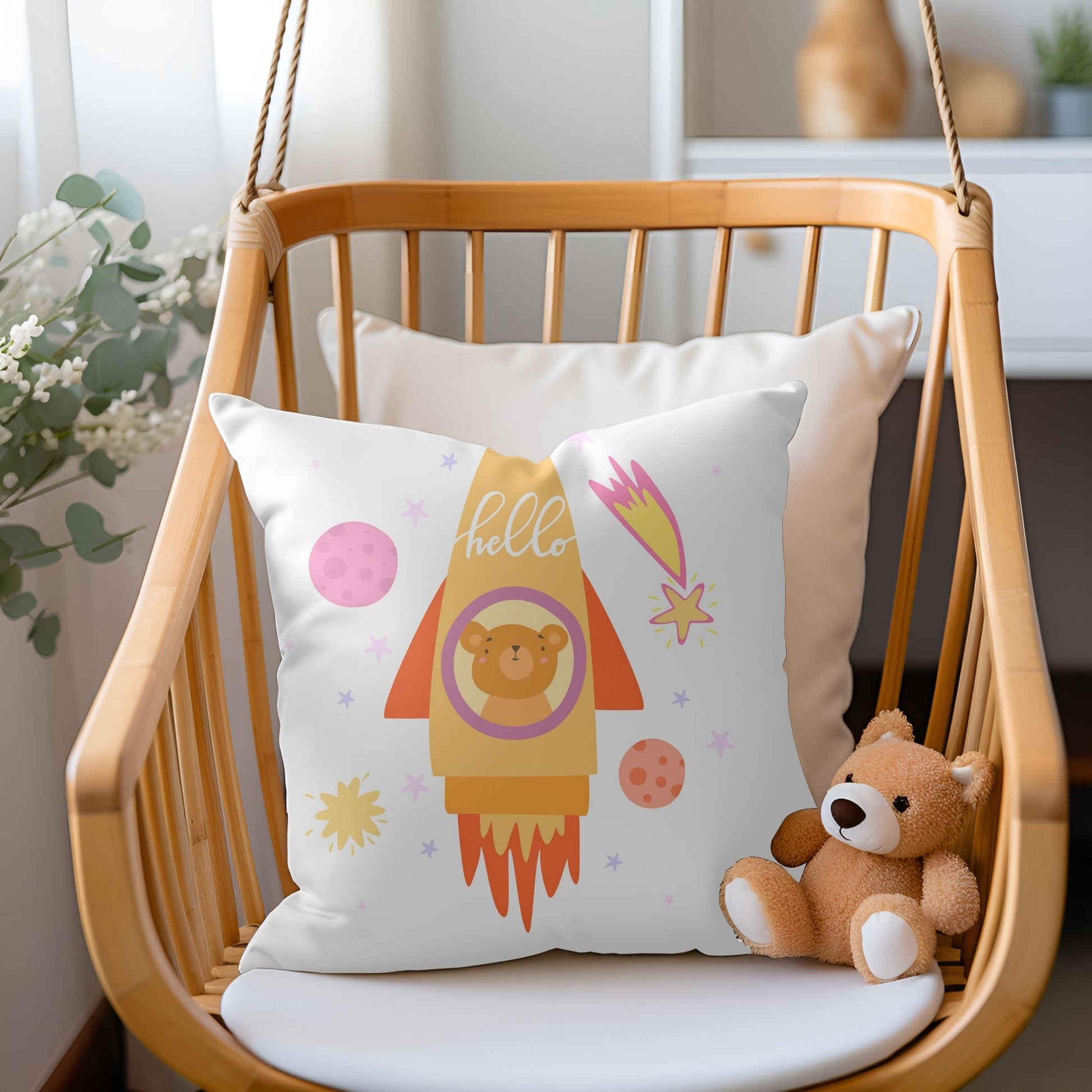 Irresistibly cute bear-in-the-rocket baby pillow for nursery decor.