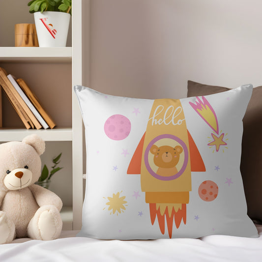 Adorable bear-in-the-rocket baby pillow for cozy snuggles.
