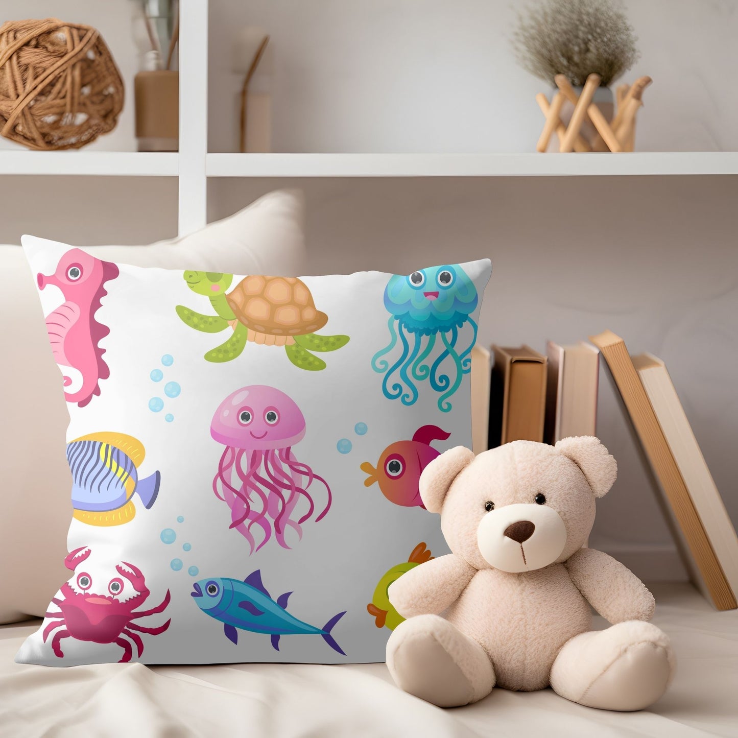 Whimsical ocean-themed kids pillow for bedtime.