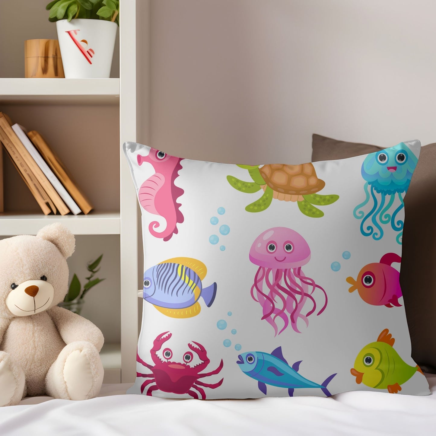 Colorful sea animals pattern kids pillow for cozy comfort.