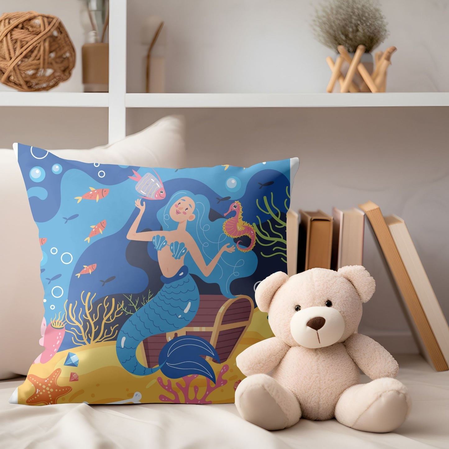 Cozy mermaid-themed pillow for girls' bedroom decor.