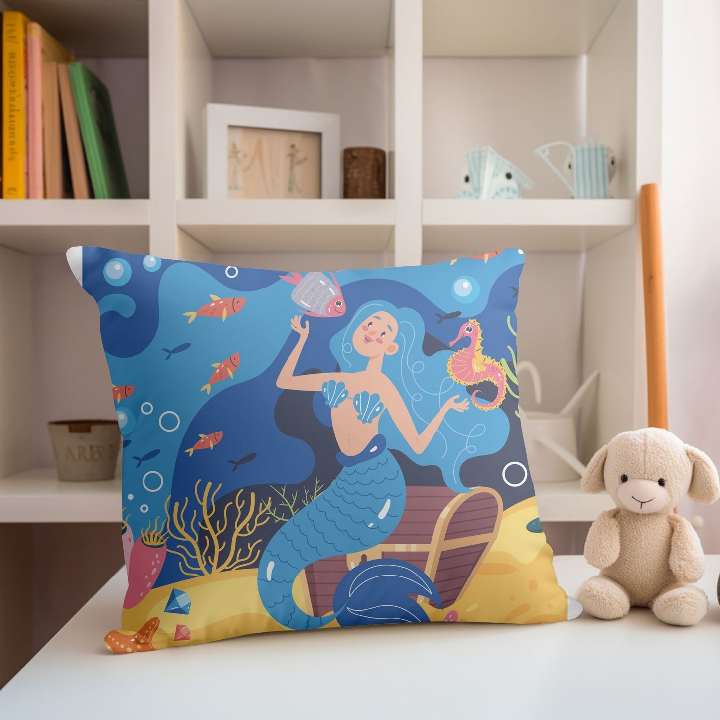 Colorful pillow with an enchanting mermaid pattern for girls' spaces.