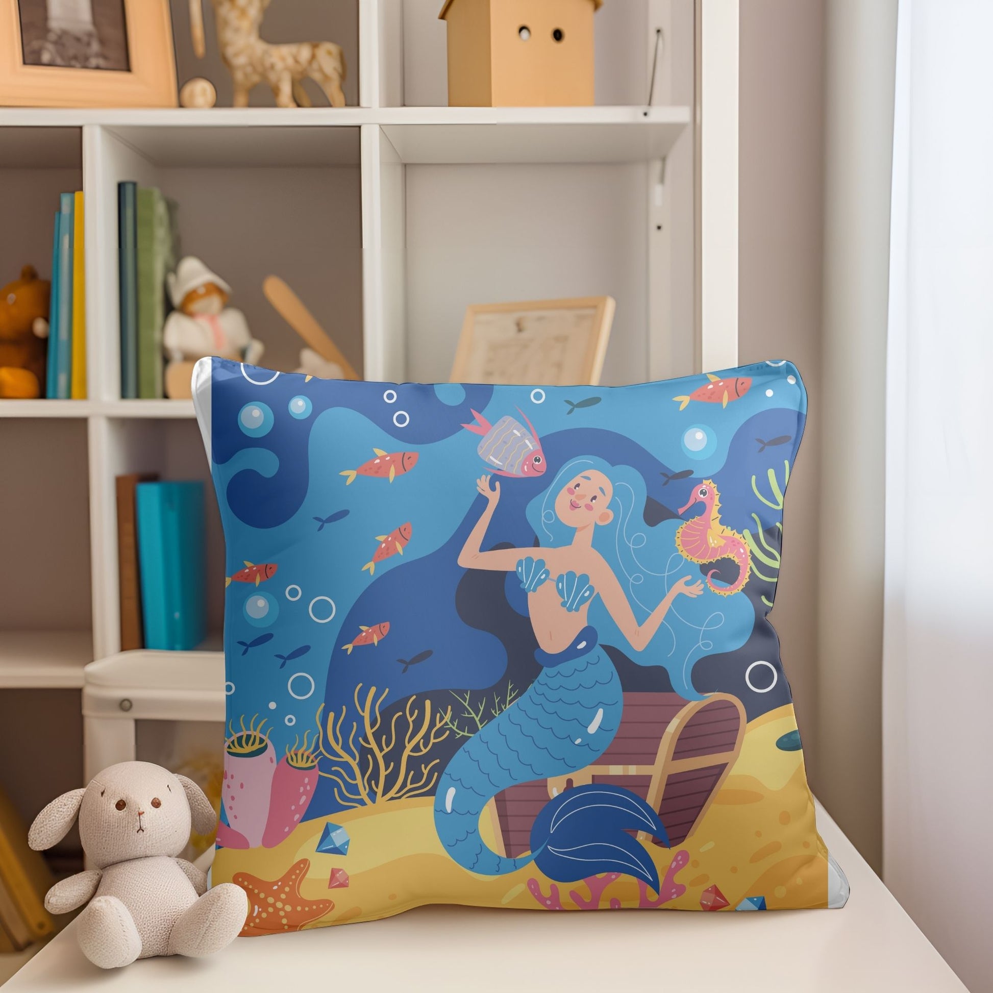 Dreamy mermaid-inspired pillow for girls' room decor.
