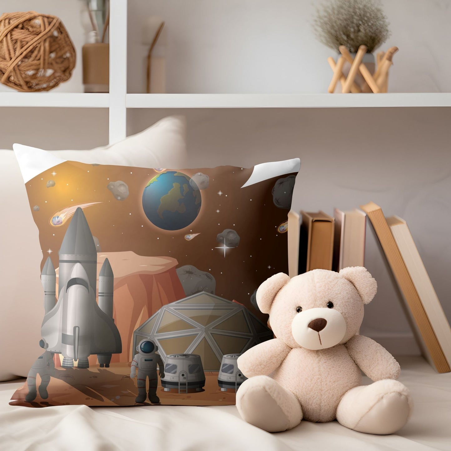 Fun and imaginative kids pillow showcasing astronauts and spacecraft for bedtime adventures.