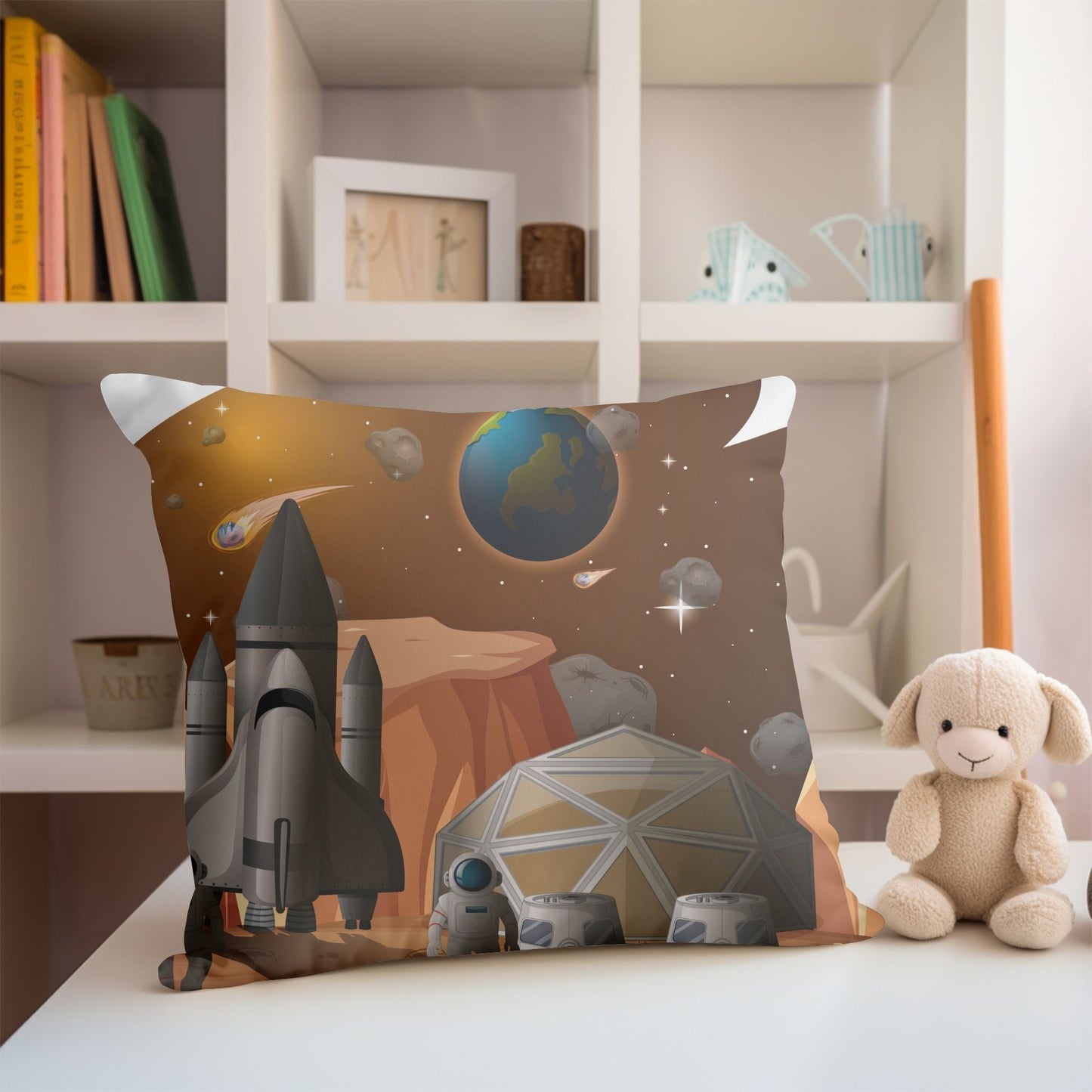 Kids pillow with an astronaut spacecraft pattern for space-themed rooms.