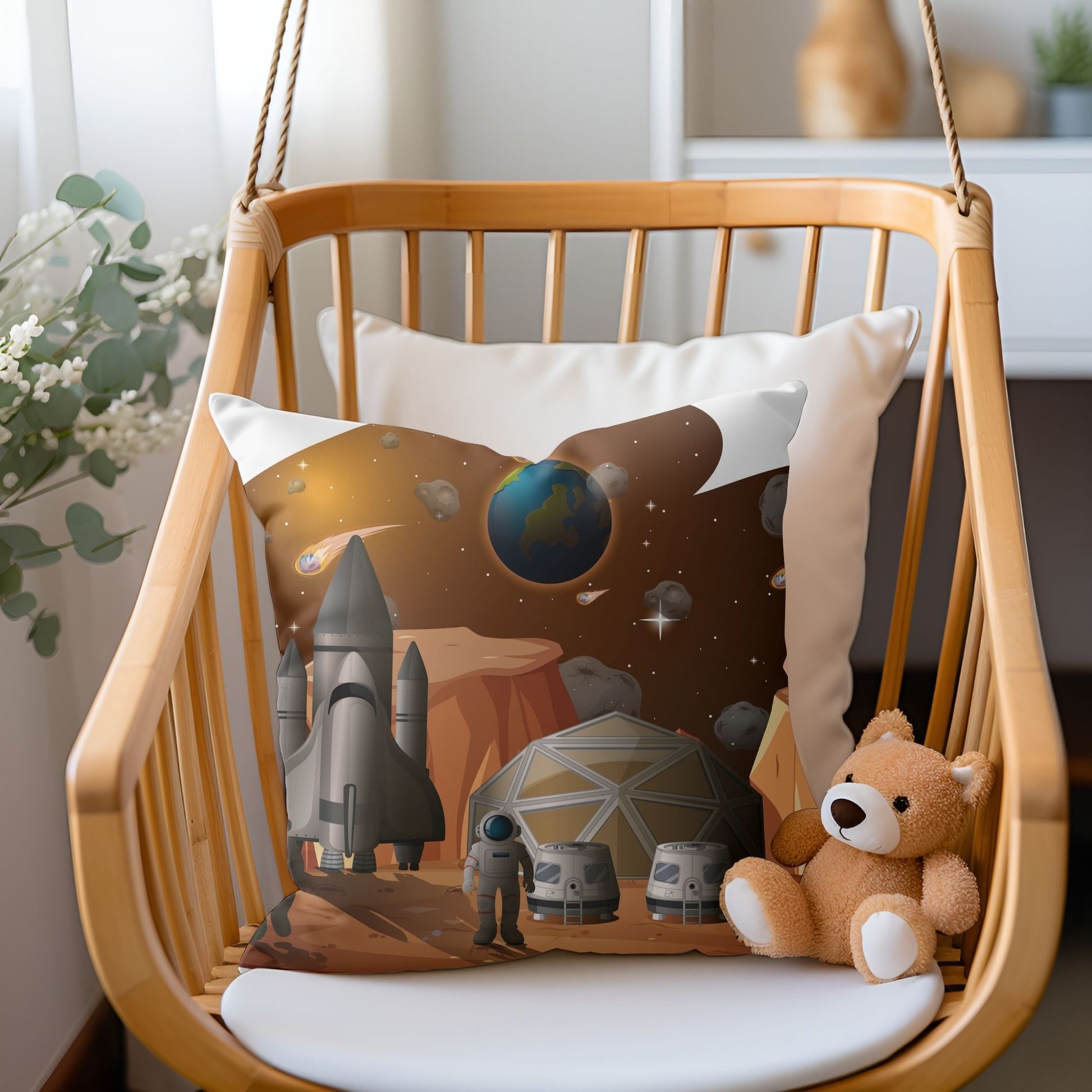 Whimsical kids pillow adorned with an astronaut spacecraft design for imaginative play.
