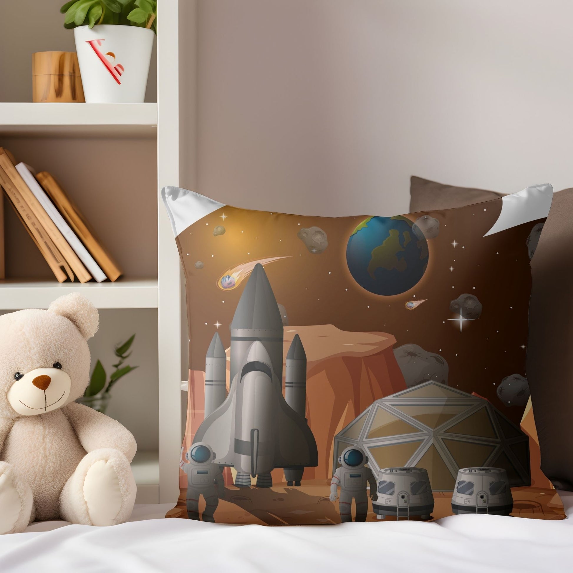 Vibrant kids pillow with a spacecraft and astronaut design for cosmic comfort.