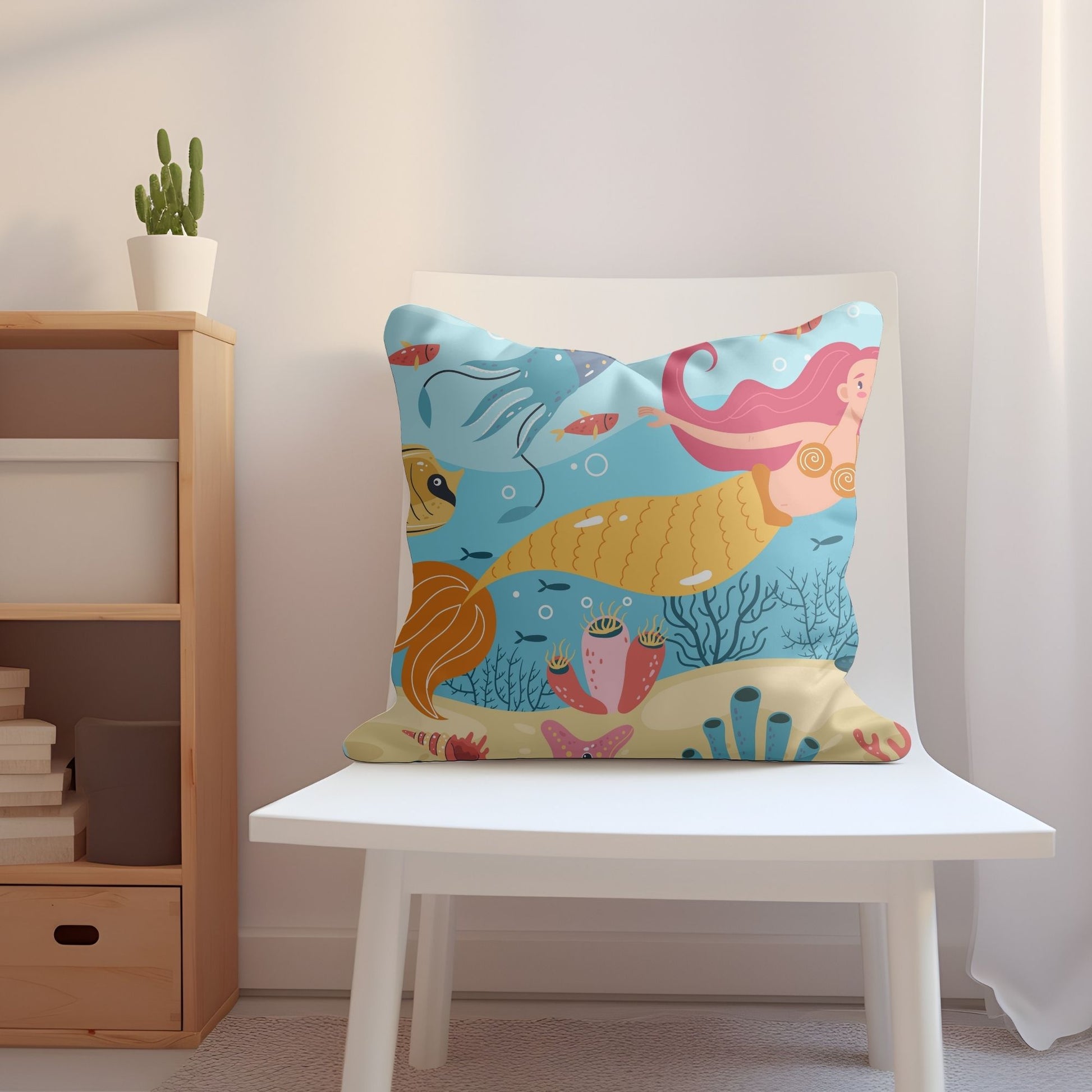 Adorable mermaid patterned pillow perfect for baby's nursery.
