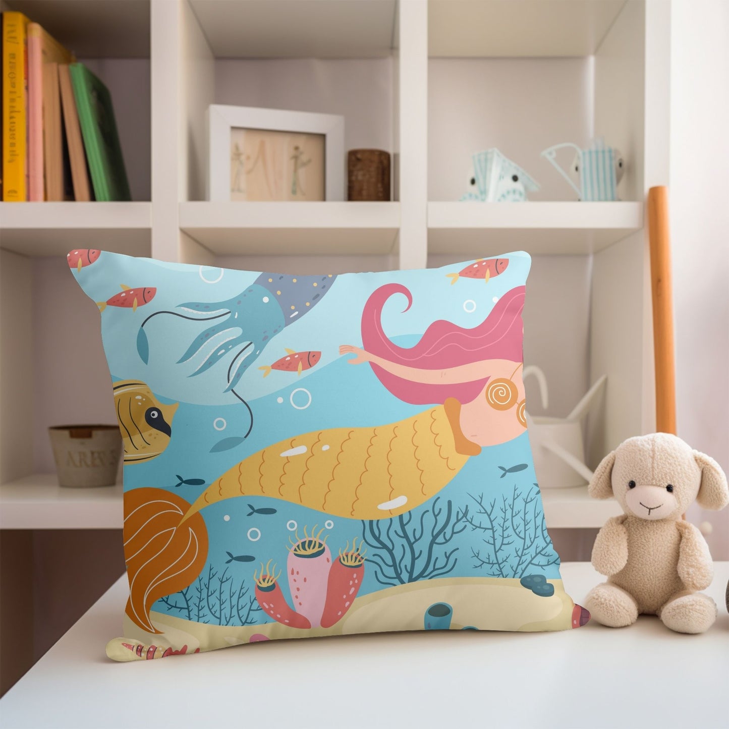 Cozy mermaid-themed pillow designed for baby's room decor.