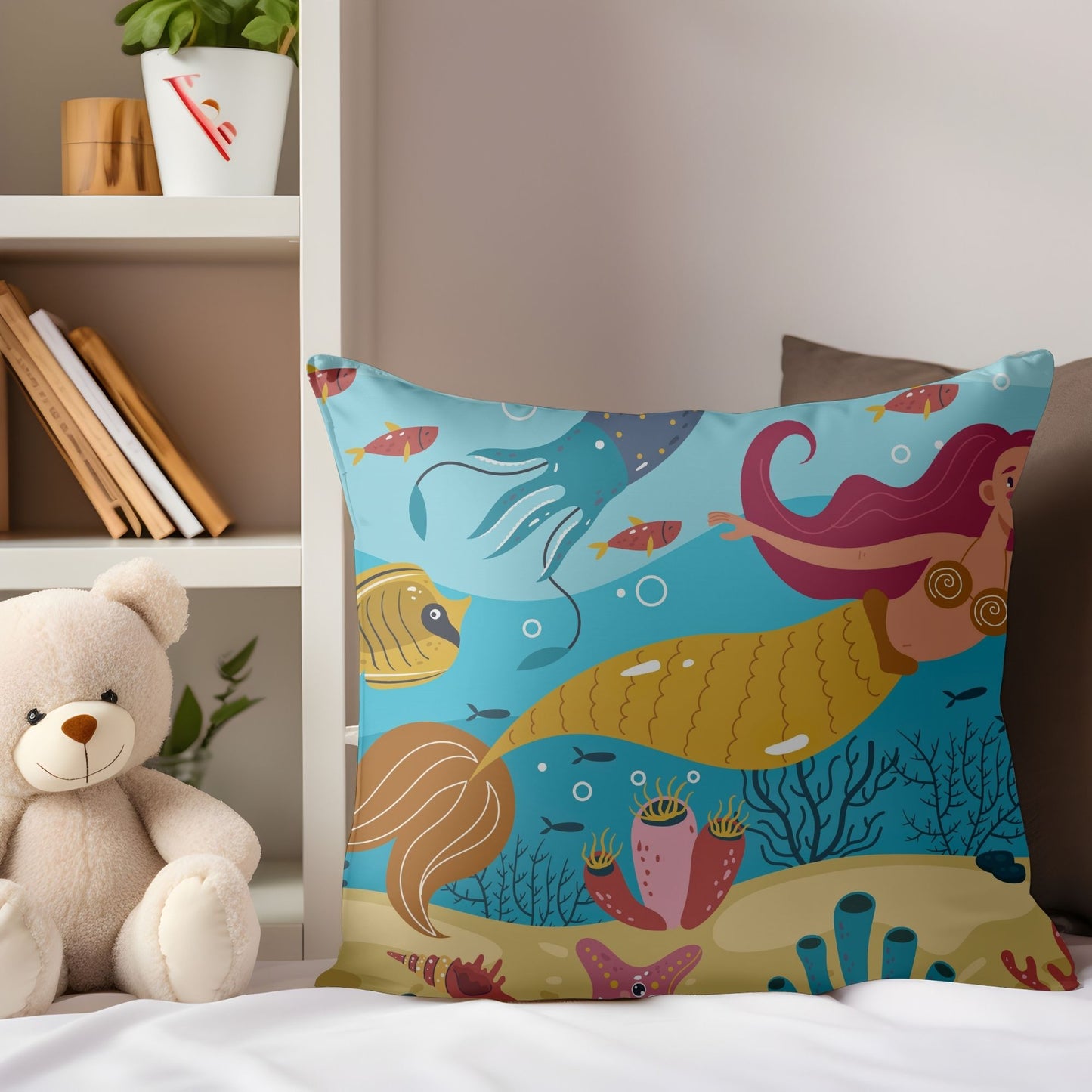 Soft and enchanting mermaid baby pillow for nursery comfort.