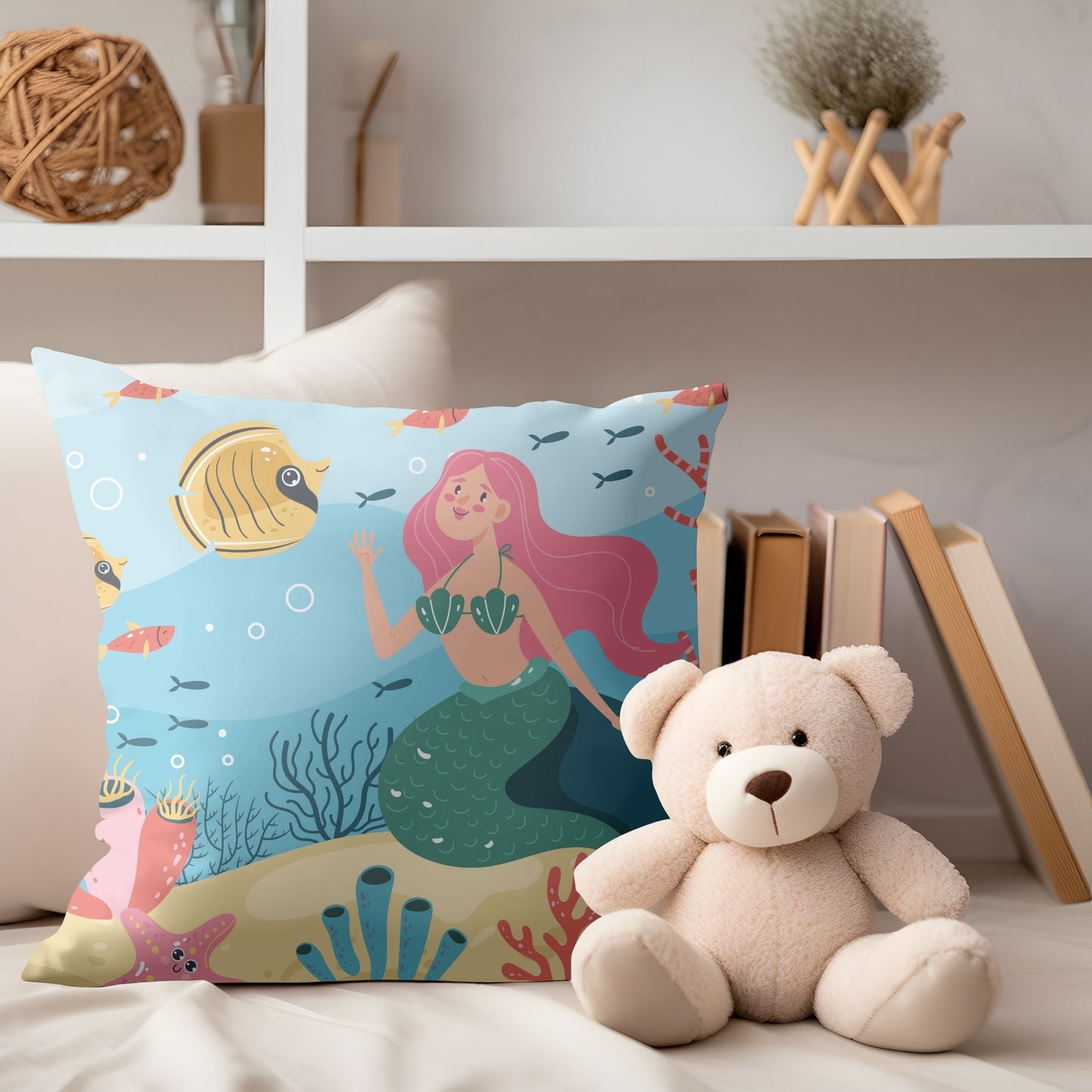 Whimsical mermaid-printed pillow to adorn girls' spaces.