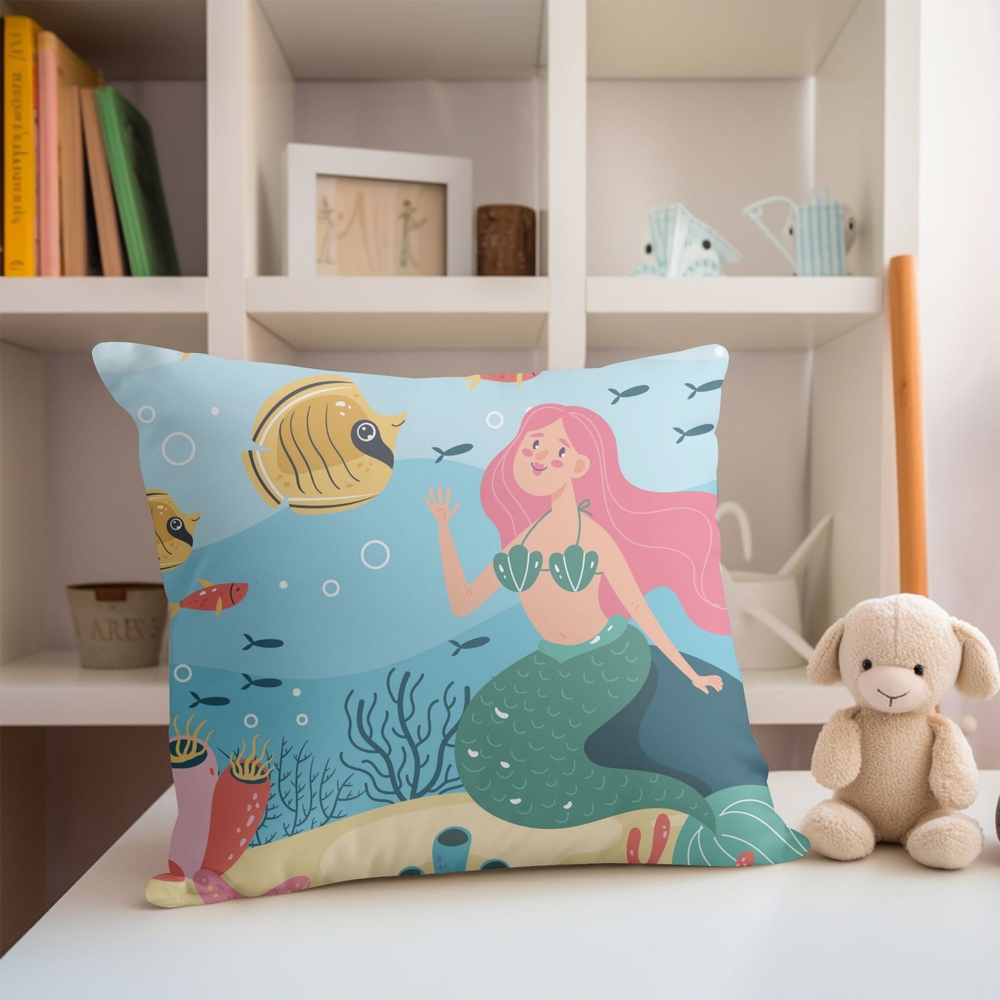 Girls pillow with mermaid print for a magical touch.