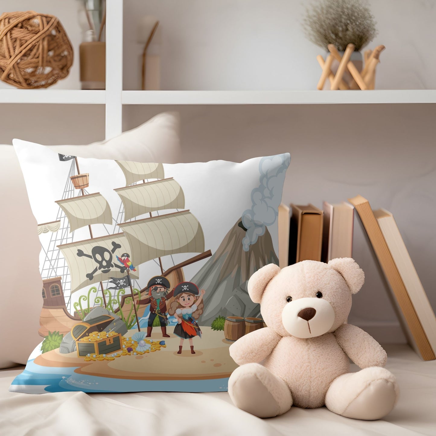 Soft pillow adorned with playful pirates on the island print.