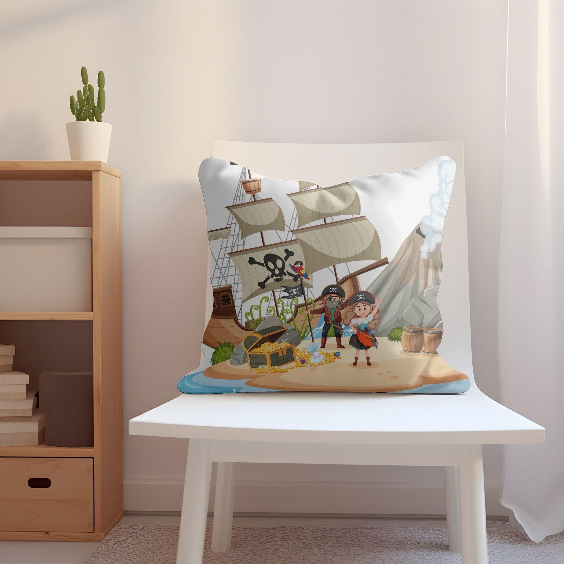 Cozy kids pillow with an adventurous pirate island motif.