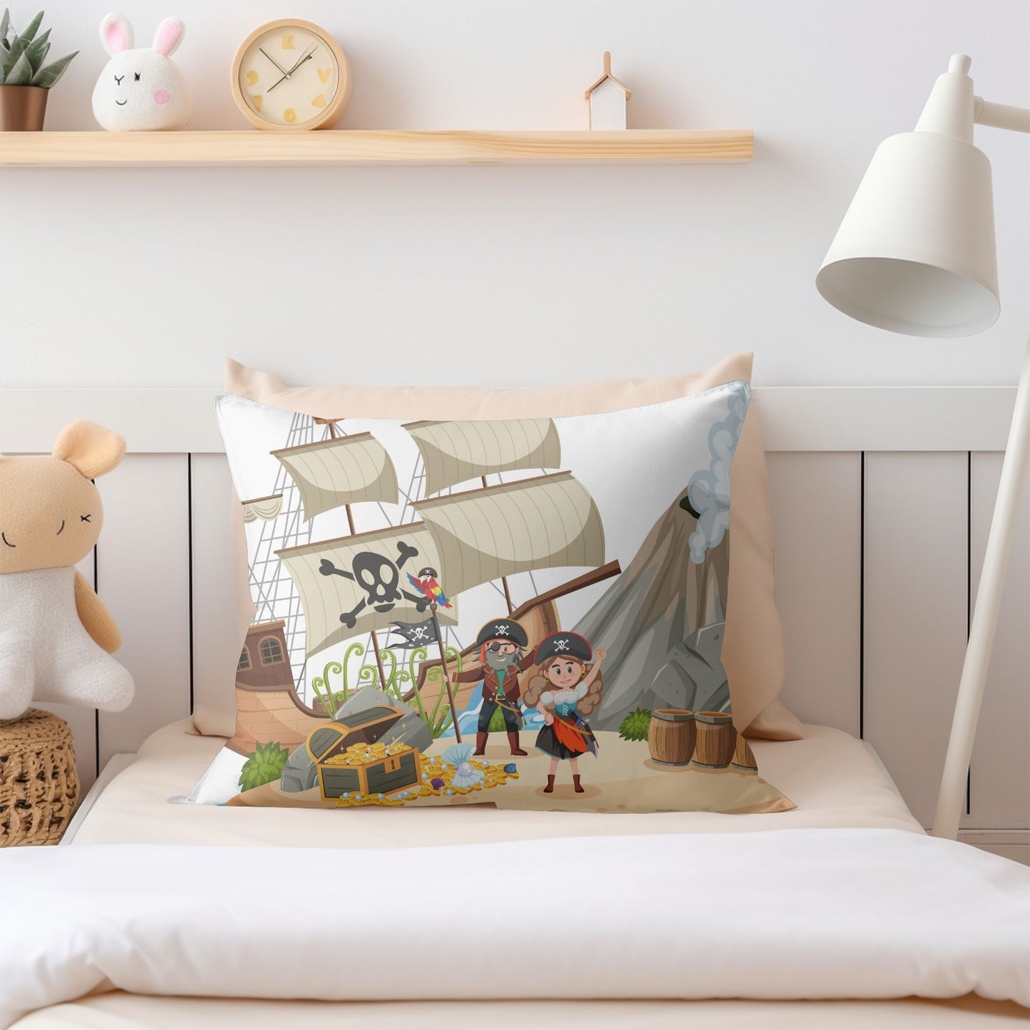 Fun-filled pillow showcasing pirates exploring an island for kids.