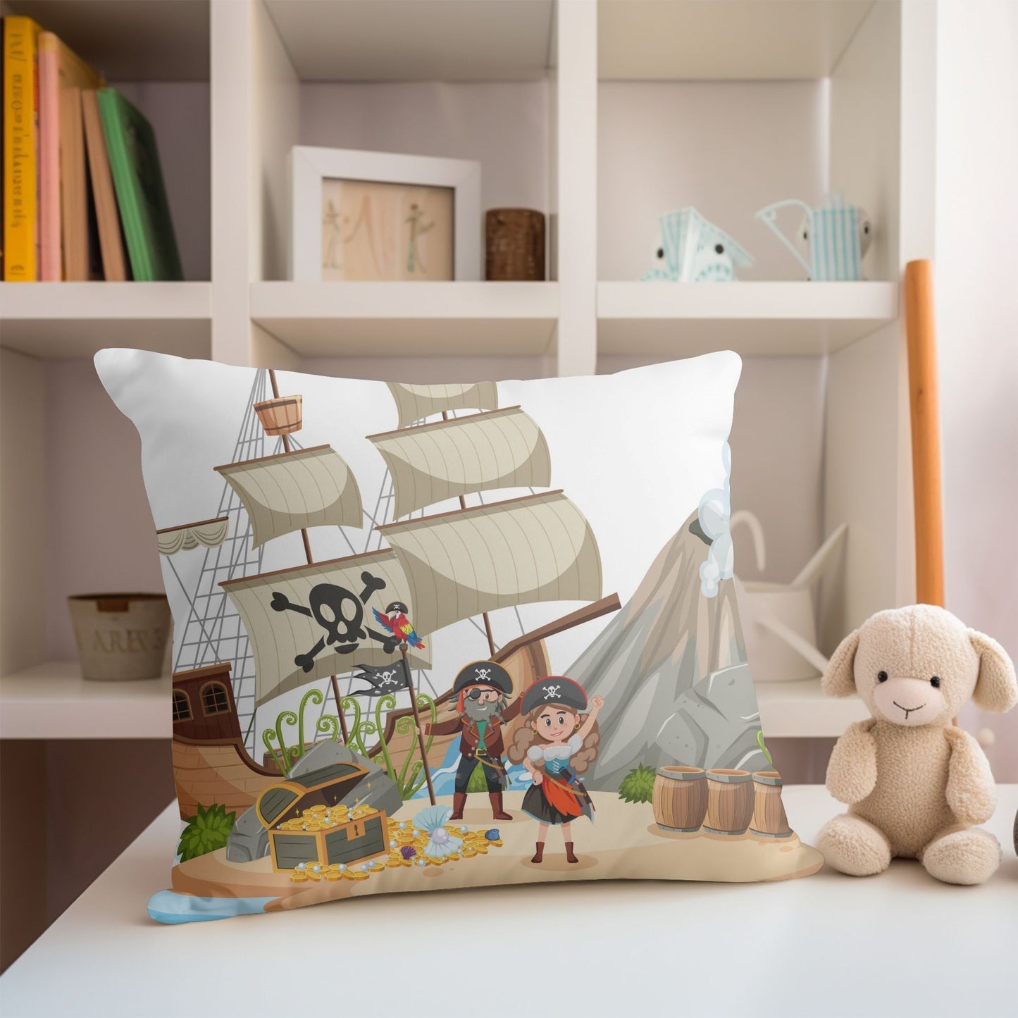 Charming kids pillow with a pirate adventure on the island design.
