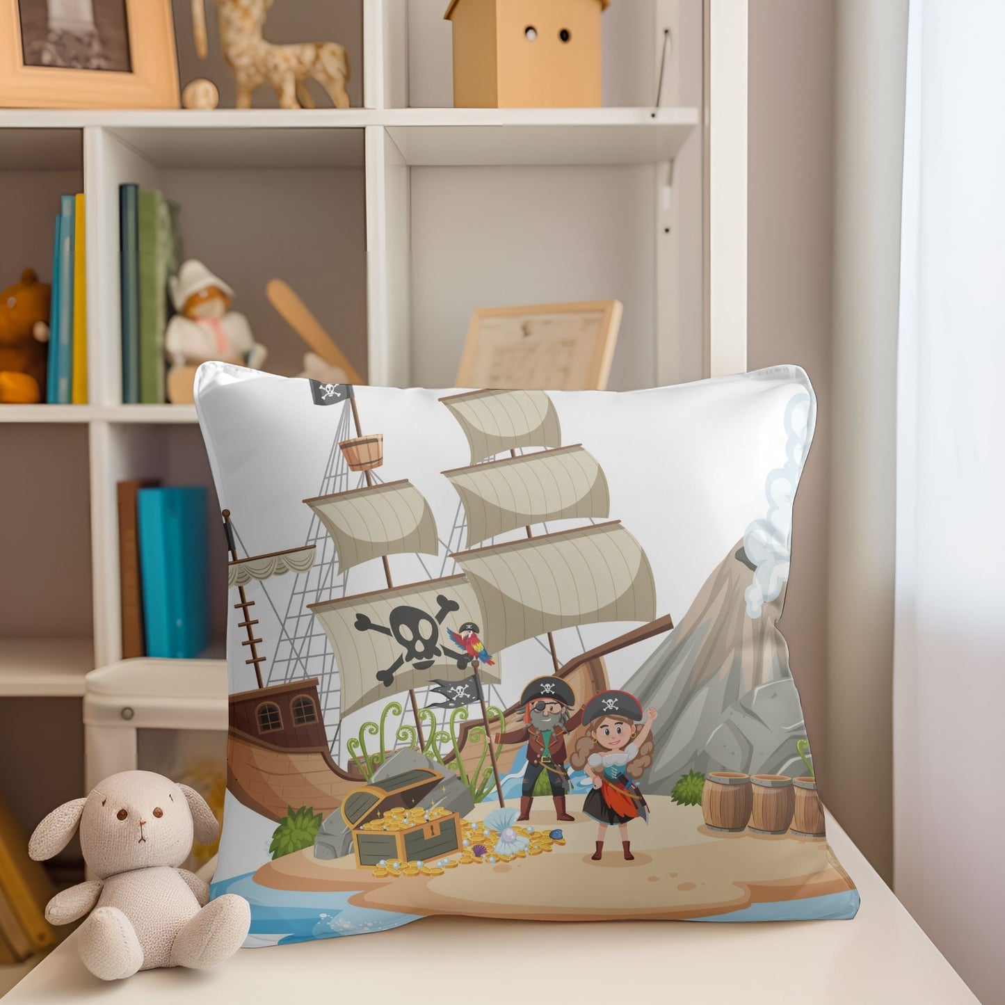 Adventure-filled kids pillow with pirates on the island design.