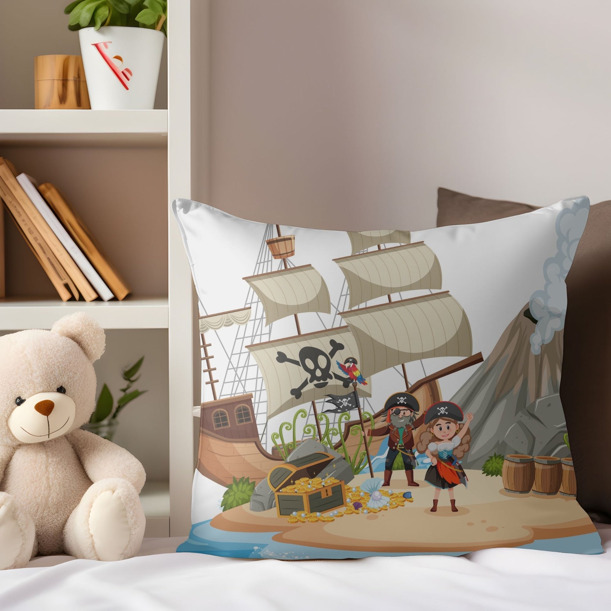 Pirate-themed kids pillow featuring a whimsical island scene.