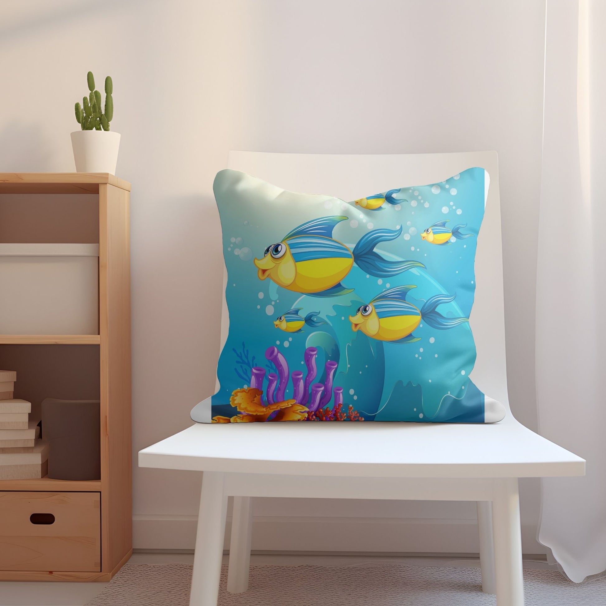 Kids pillow featuring beautiful ocean fishes for a vibrant touch.