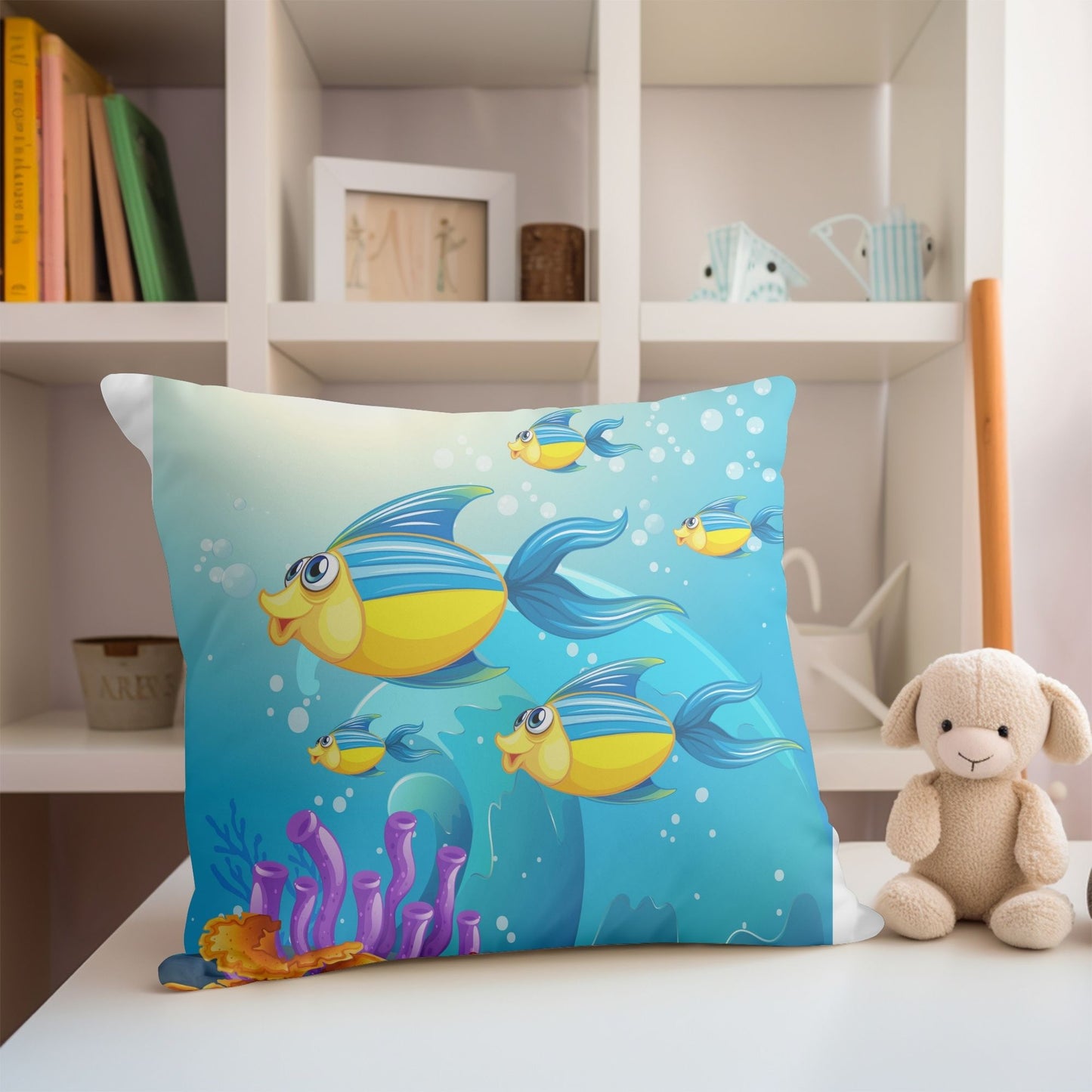 Imaginative kids pillow featuring beautiful fishes for dreamy nights.