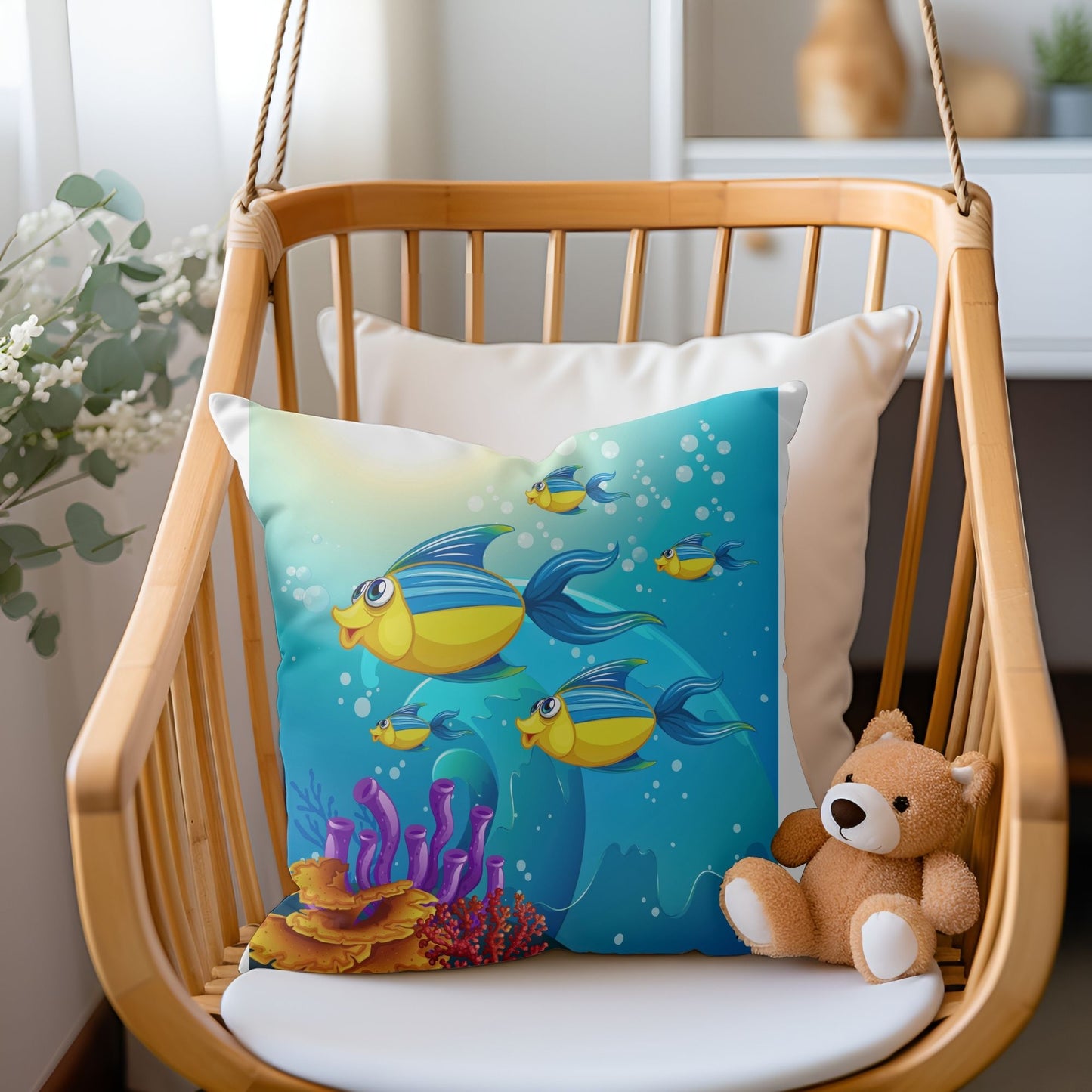 Adorable ocean fishes patterned pillow to add a splash of color to kids' bedrooms.