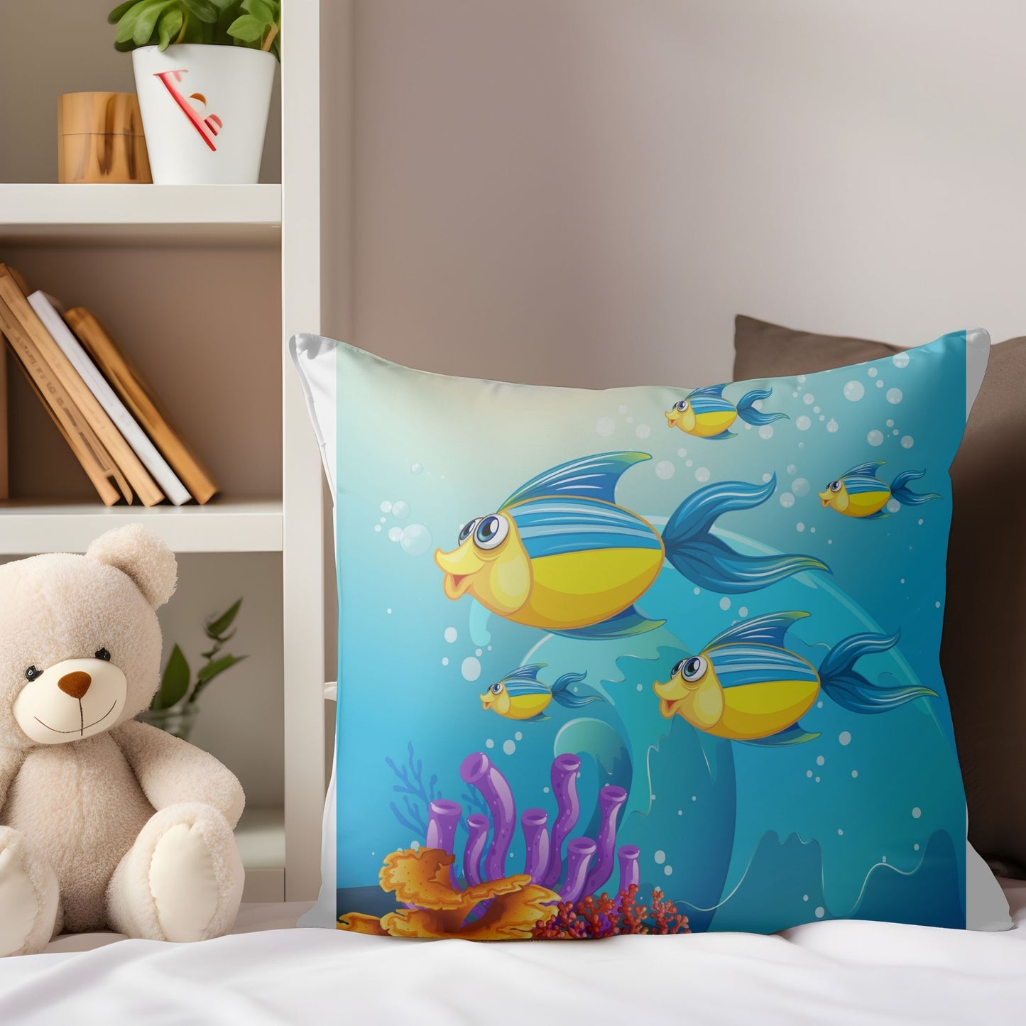 Soft pillow adorned with colorful ocean fishes for kids' rooms.