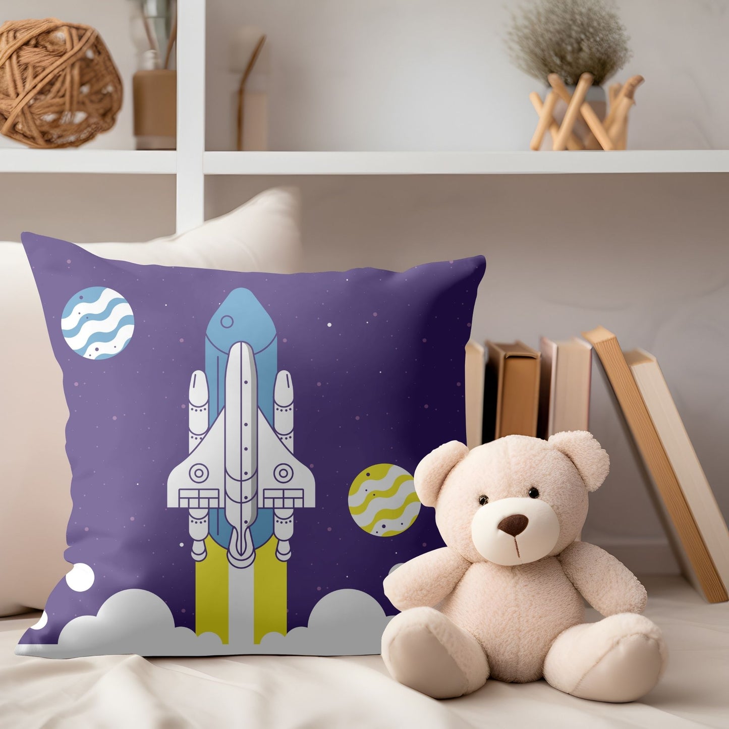 Soft pillow adorned with a space rocket blasting off for kids' rooms.