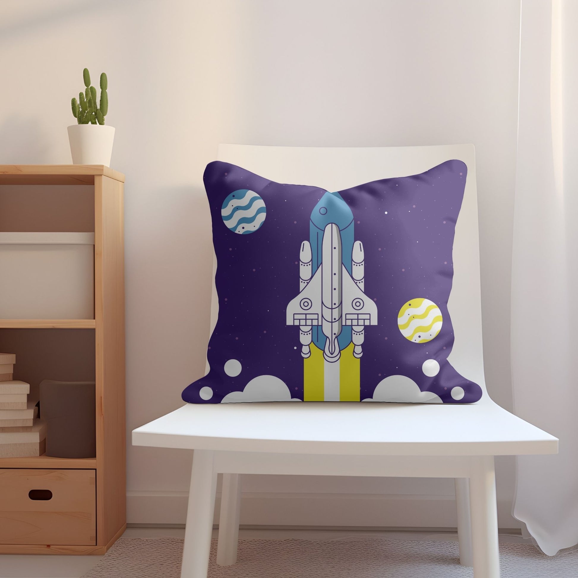 Whimsical kids pillow showcasing a rocket launch for imaginative play.
