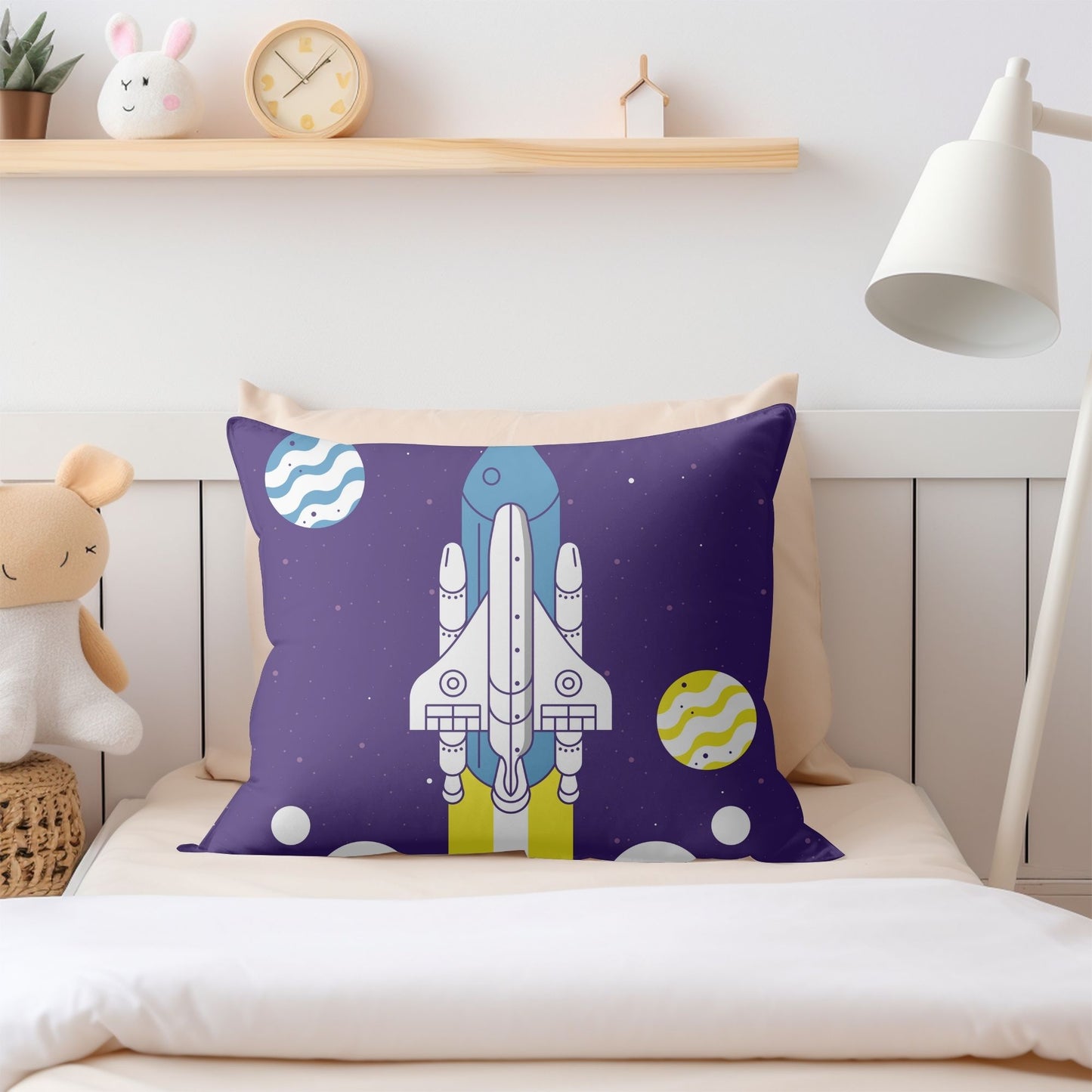 Cozy pillow with an exciting space rocket takeoff motif for children's comfort.
