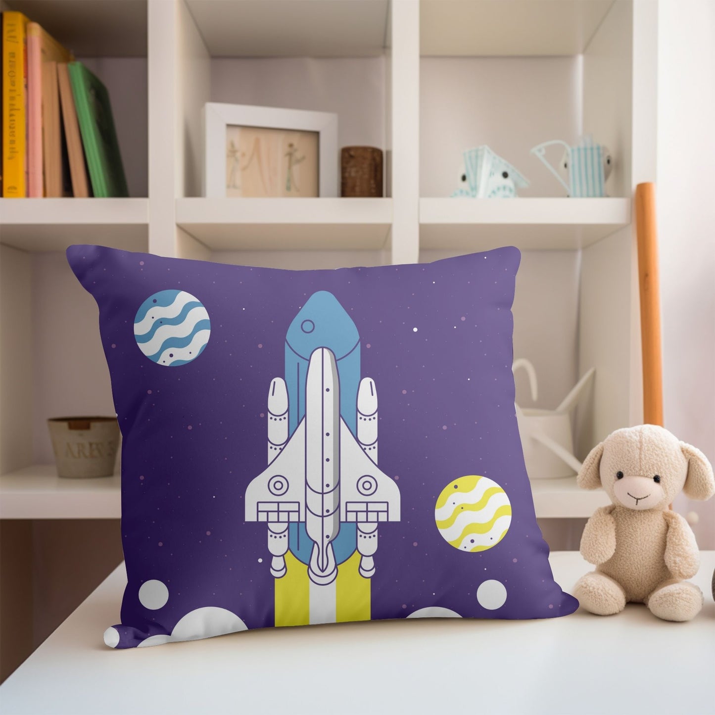Fun-filled pillow featuring a rocket ship taking off for kids' spaces.
