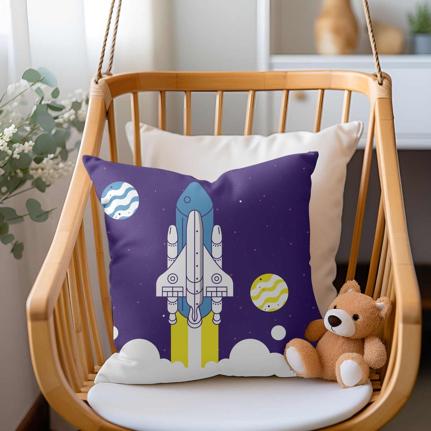 Adorable space rocket takeoff patterned pillow to ignite young imaginations.