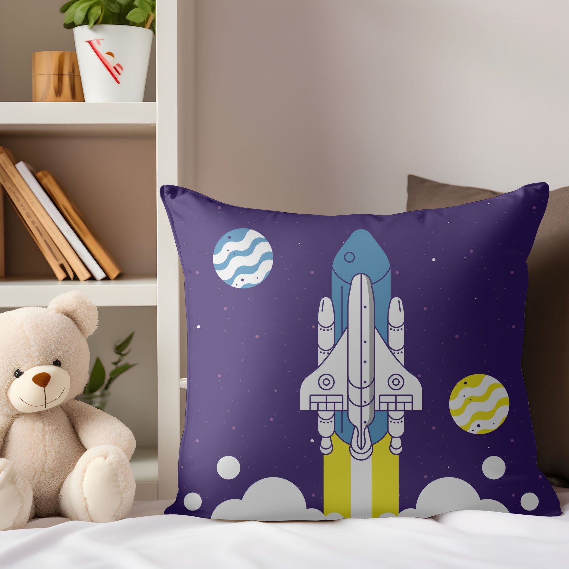 Kids pillow featuring a space rocket takeoff for out-of-this-world dreams.