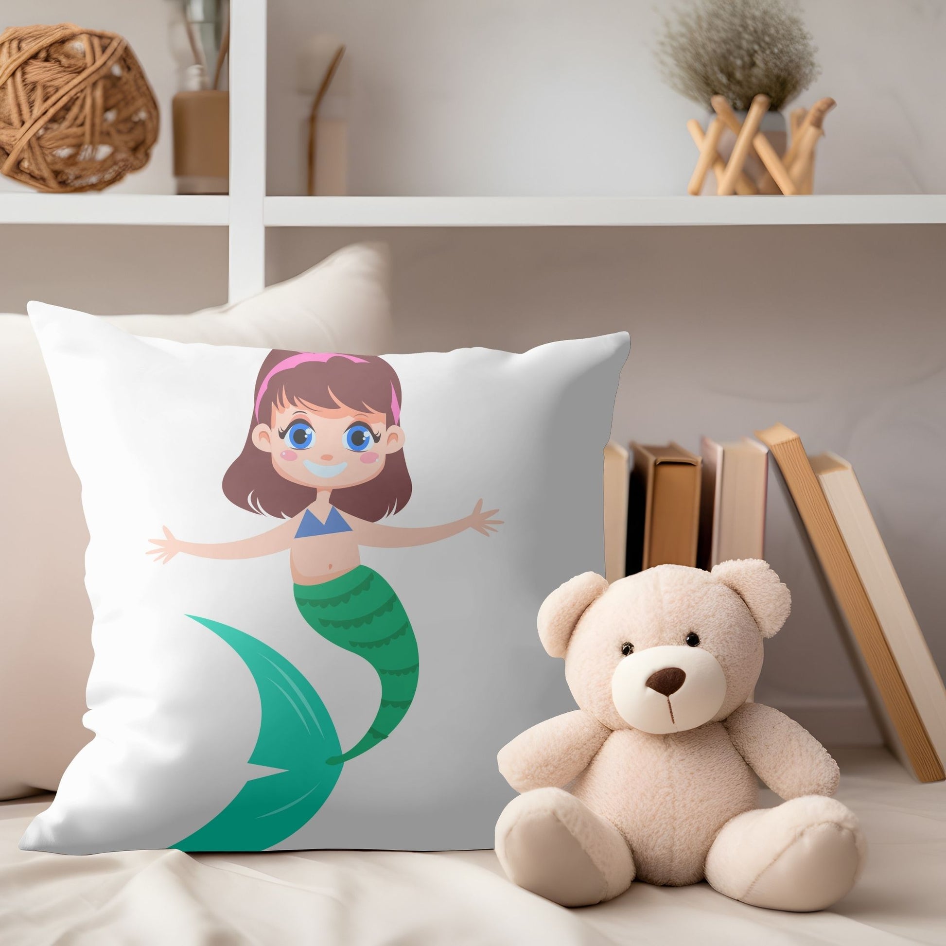 Whimsical mermaid girl decorative pillow for kids' rooms.