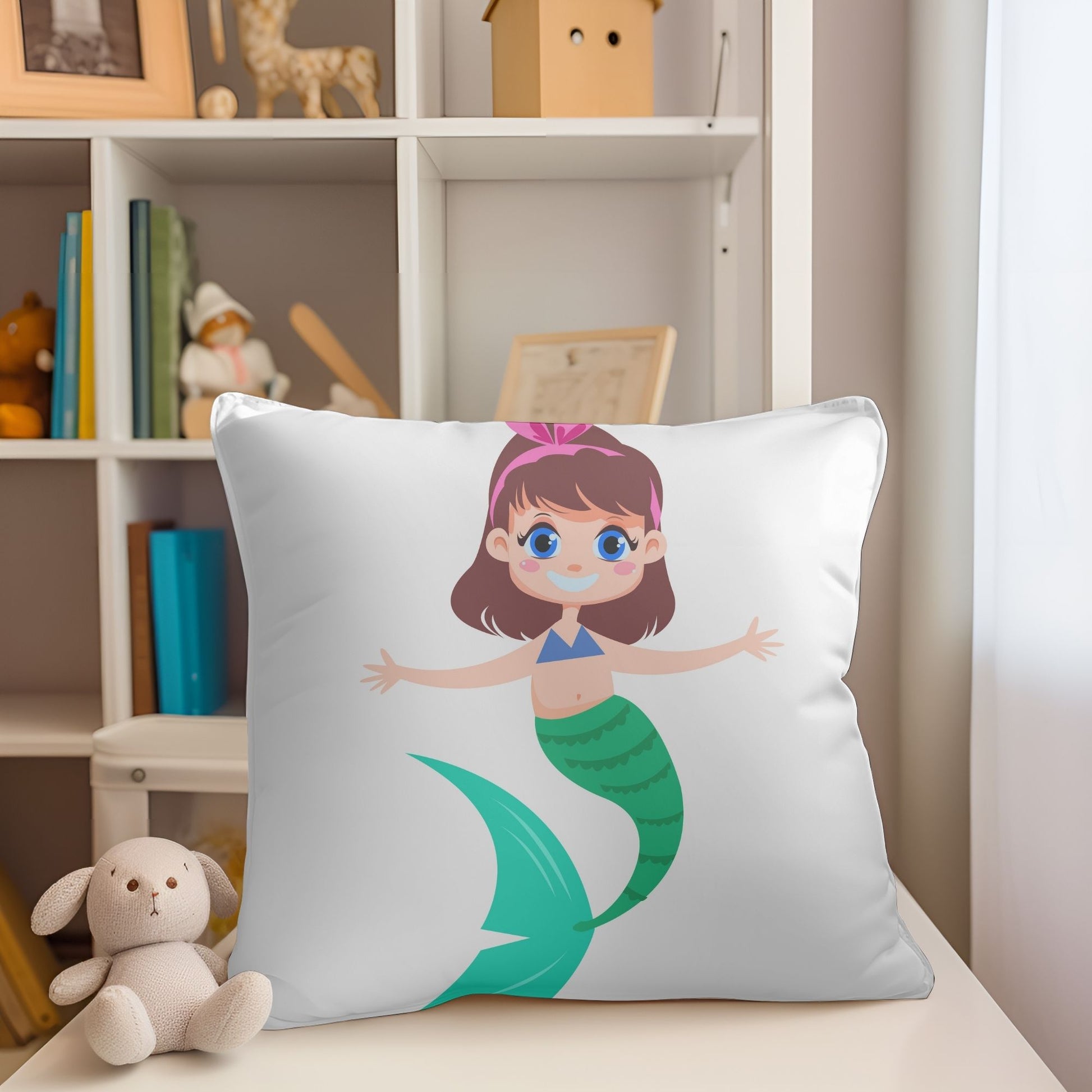 Vibrant pillow featuring a mermaid for a playful atmosphere in kids' rooms.