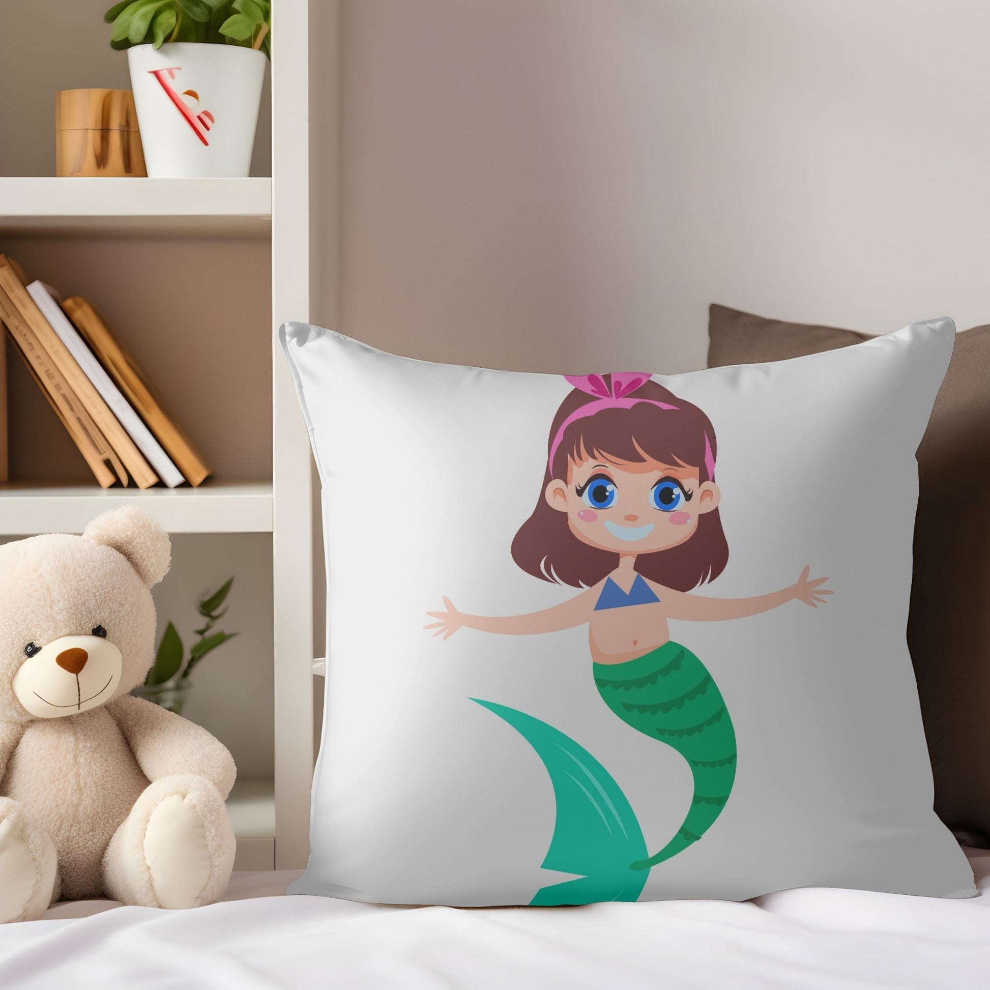 Soft pillow adorned with a mermaid design for girls' bedrooms.