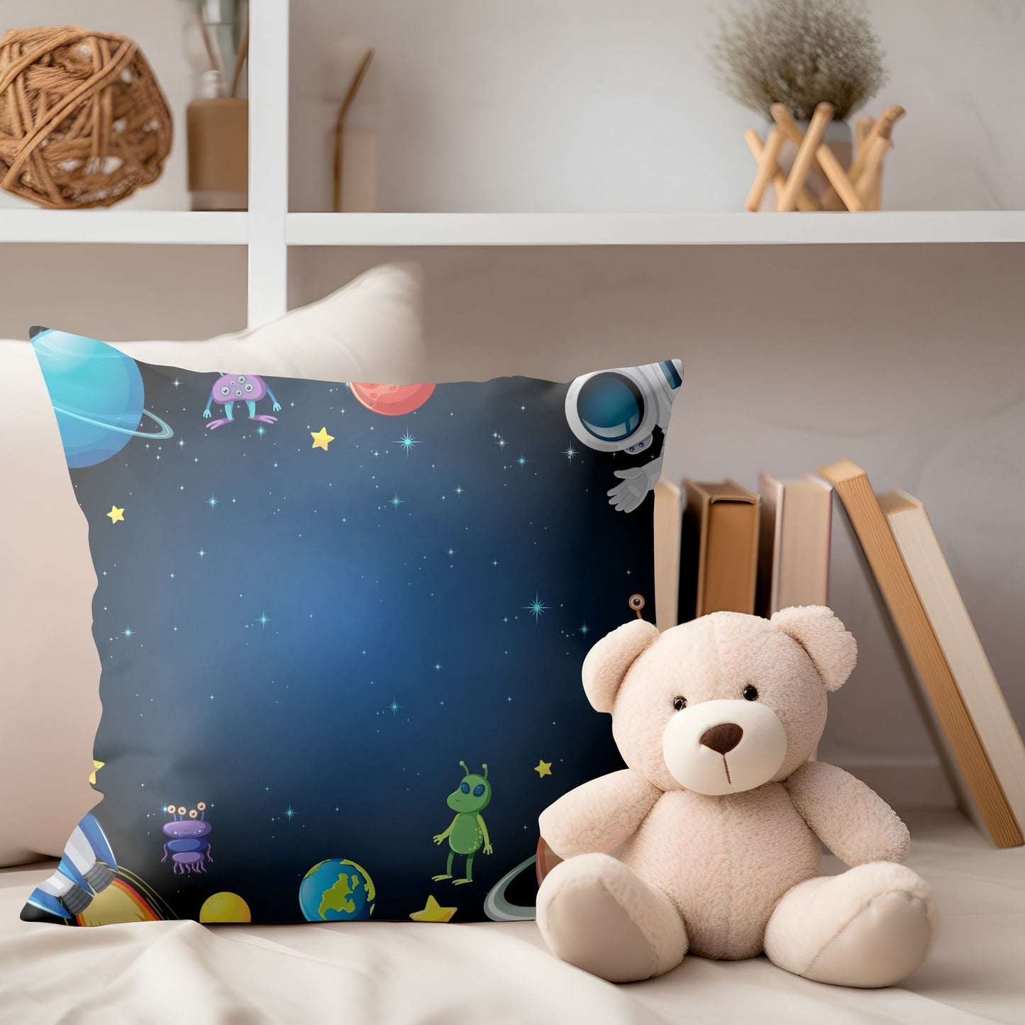 Whimsical kids pillow showcasing a cute aliens design for imaginative play.