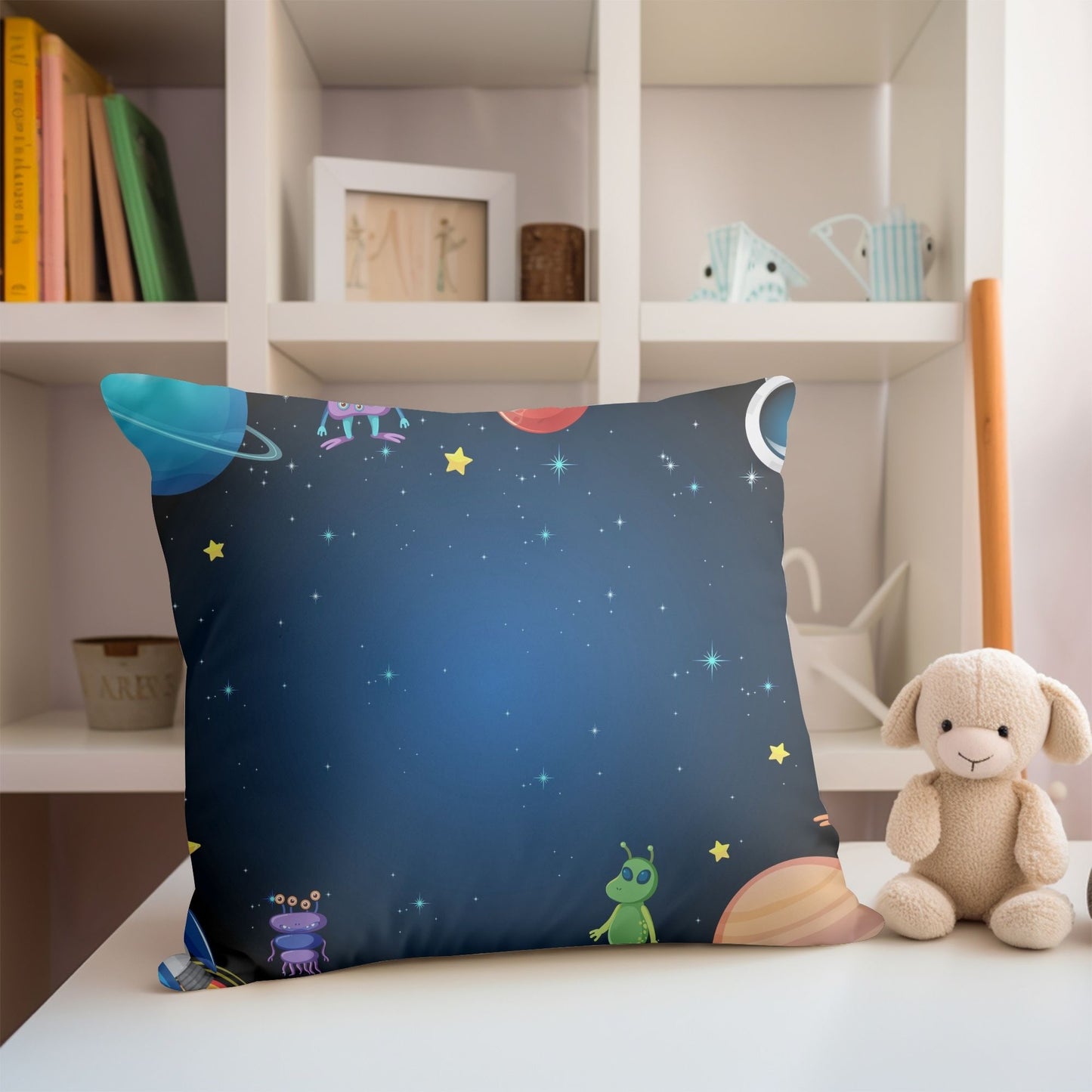 Fun-filled pillow featuring playful aliens for kids' spaces.