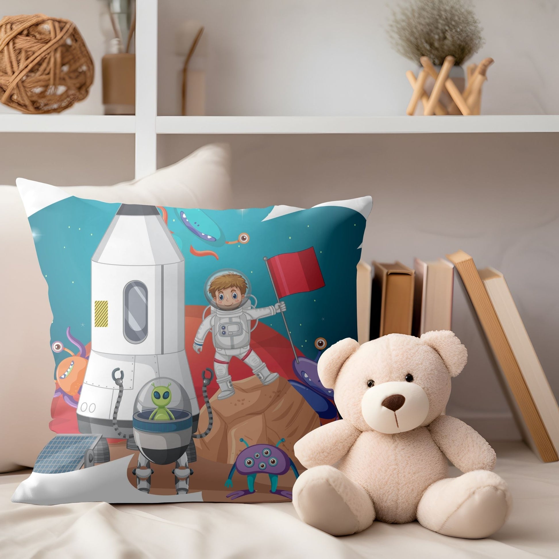 Whimsical kids pillow showcasing a little boy's space mission for imaginative play.
