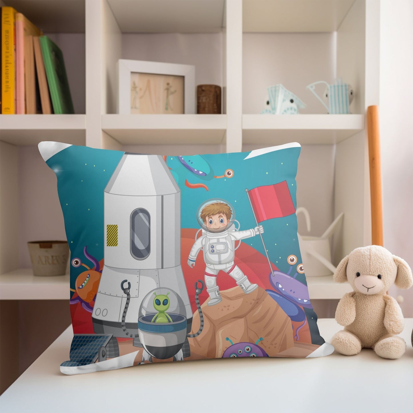 Kids pillow featuring a little boy on a space mission for adventurous dreams.