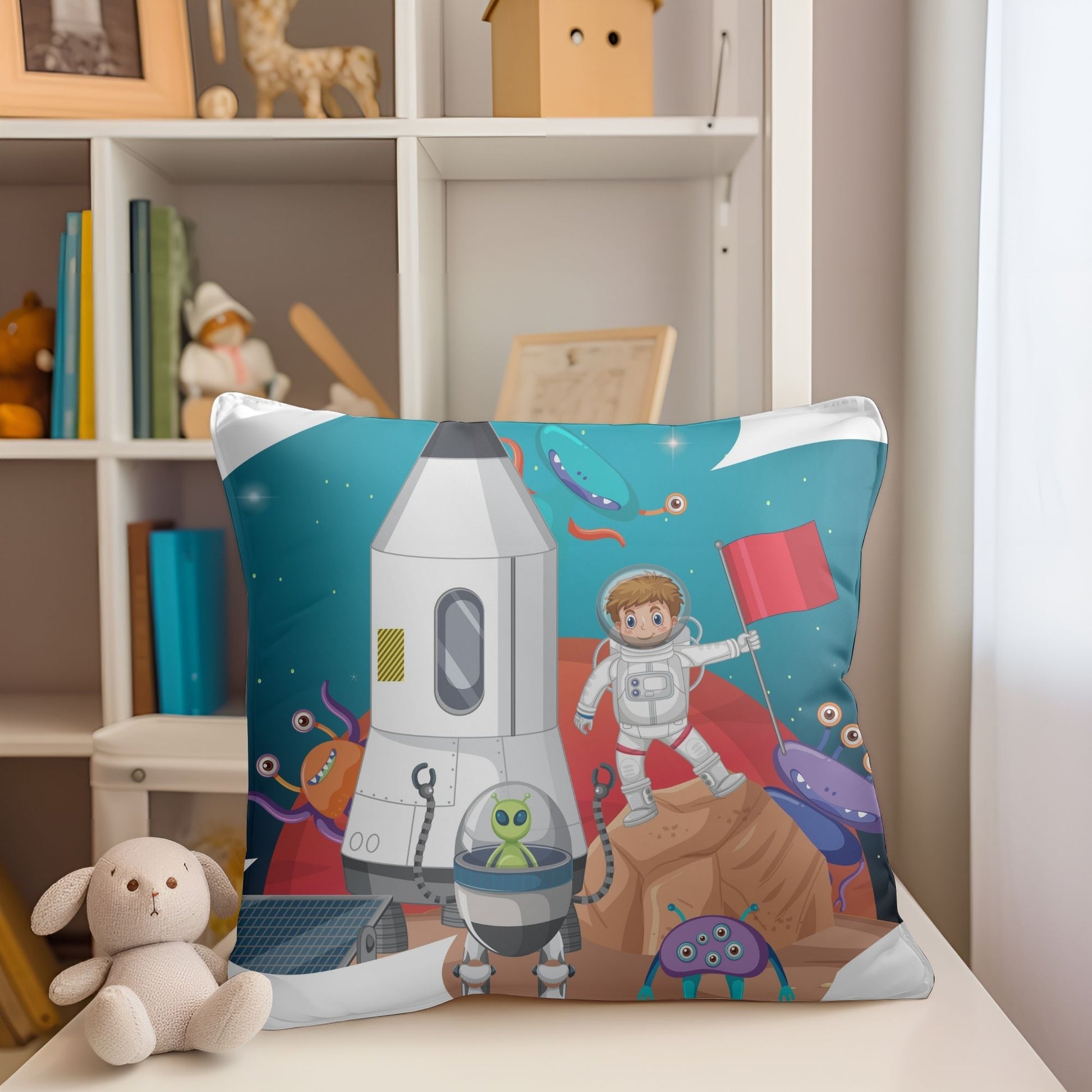 Adorable space mission patterned pillow to inspire young astronauts-in-training.