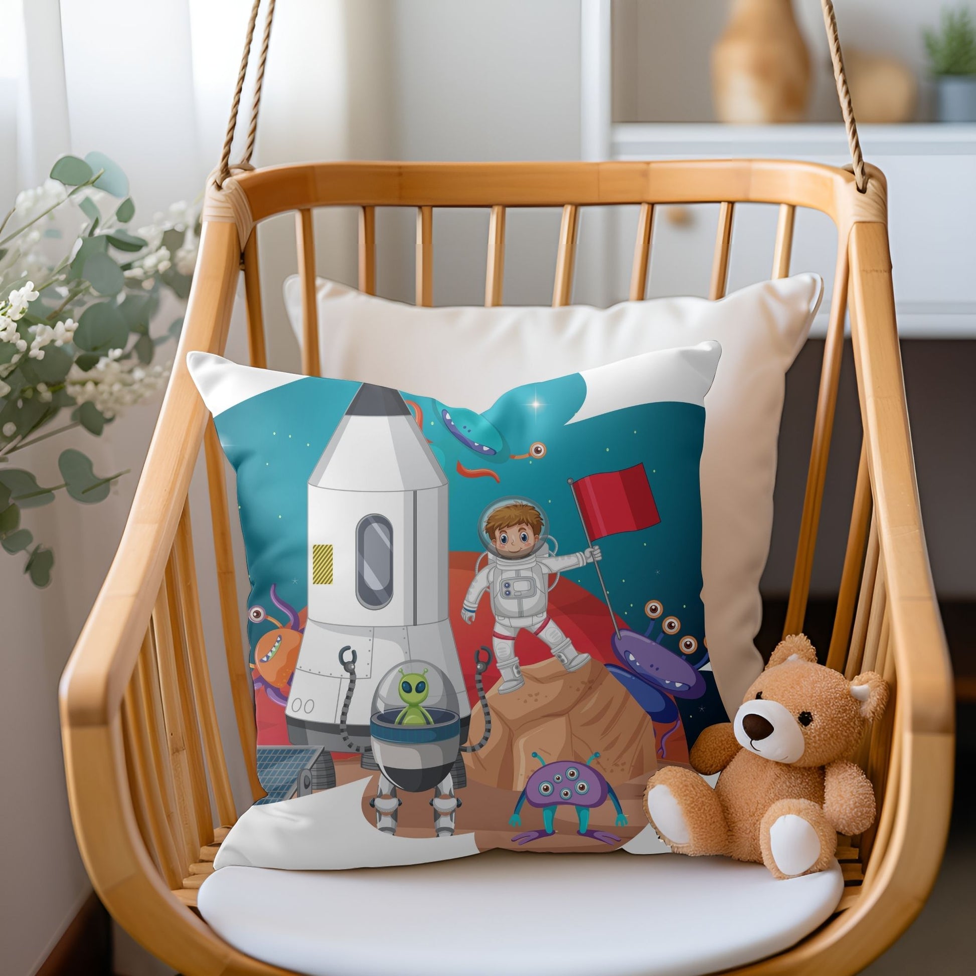 Imaginative kids pillow featuring a little boy's space mission for dreamy nights.