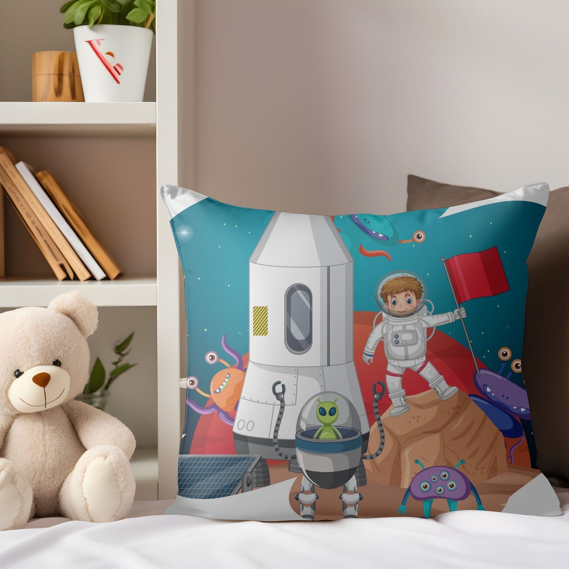 Soft pillow adorned with a young astronaut embarking on a space mission for children's rooms.