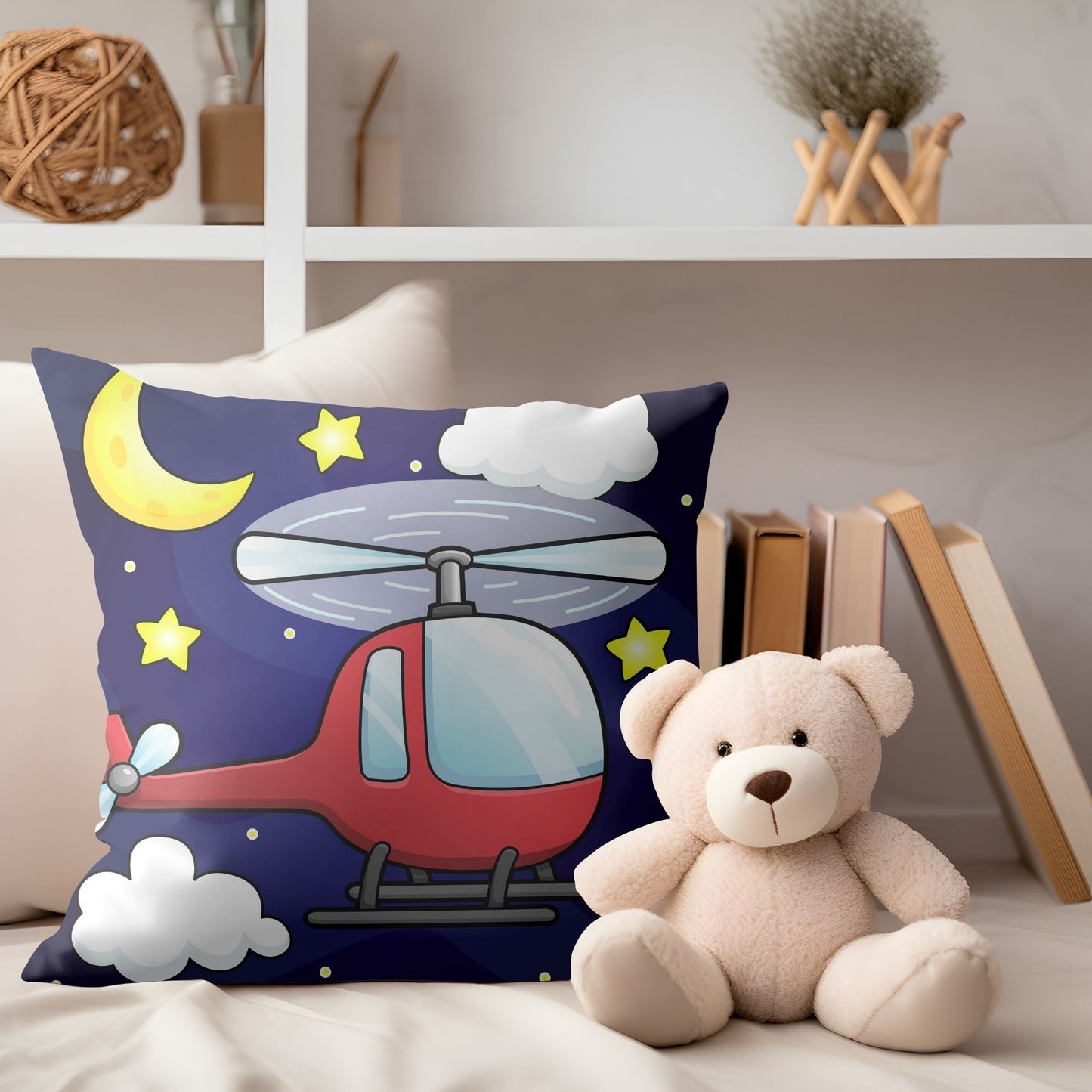 Whimsical kids pillow showcasing a red helicopter for imaginative play.