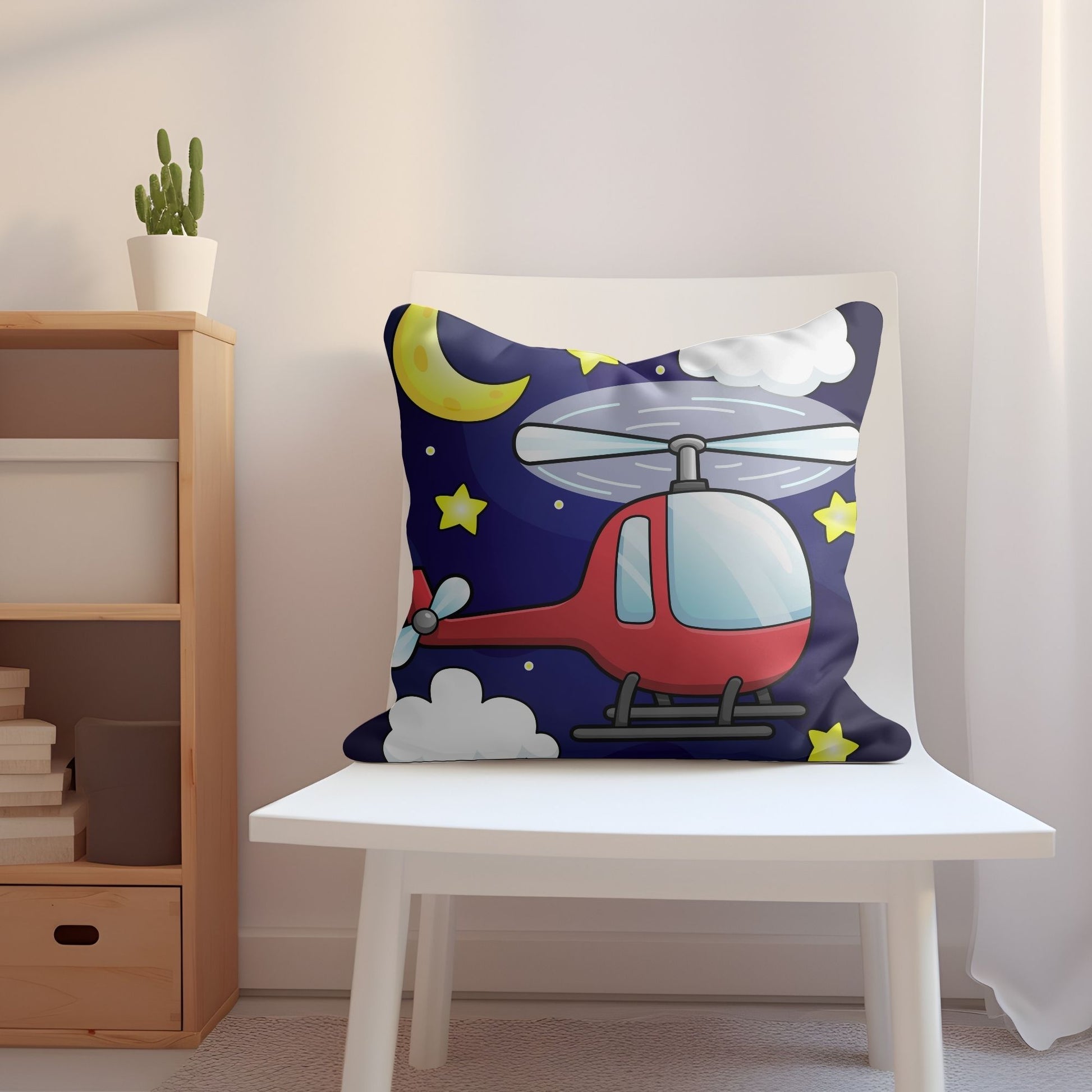 Cozy pillow with a charming red helicopter motif for children's comfort.