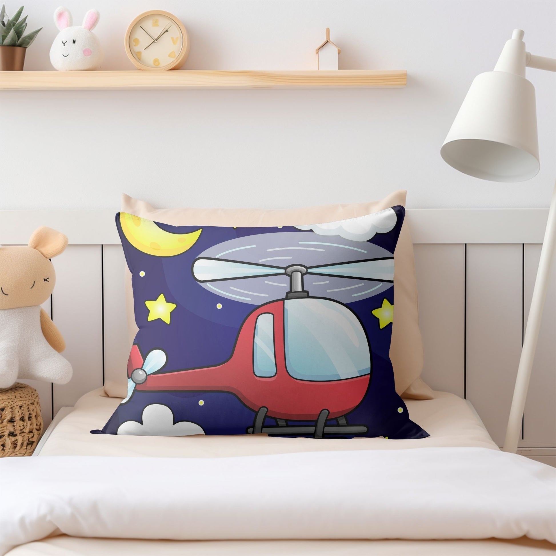 Fun-filled pillow featuring a vibrant red helicopter for kids' spaces.