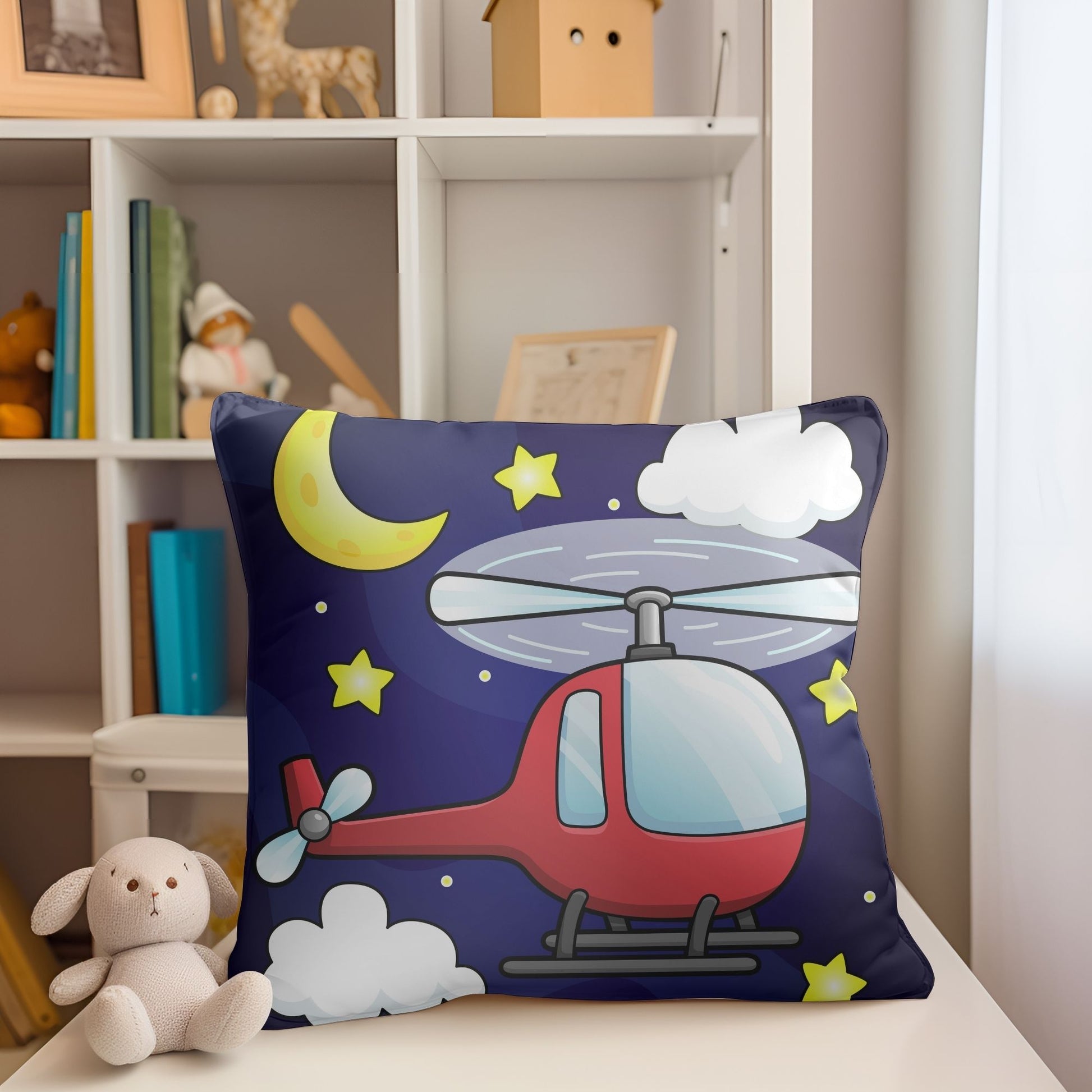 Vibrant red helicopter kids room pillow for aviation-themed decor.