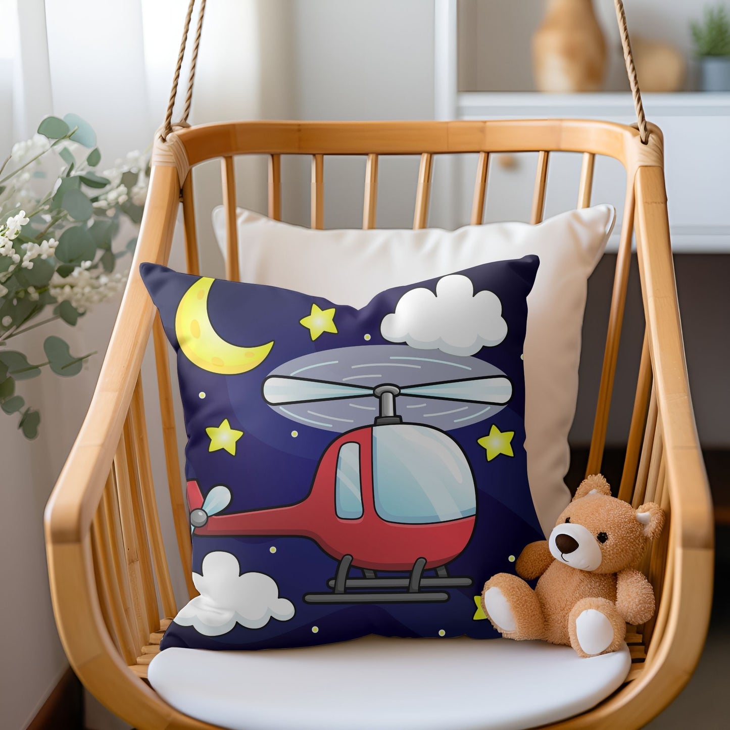 Vibrant kids pillow with a red helicopter design for a dynamic atmosphere.